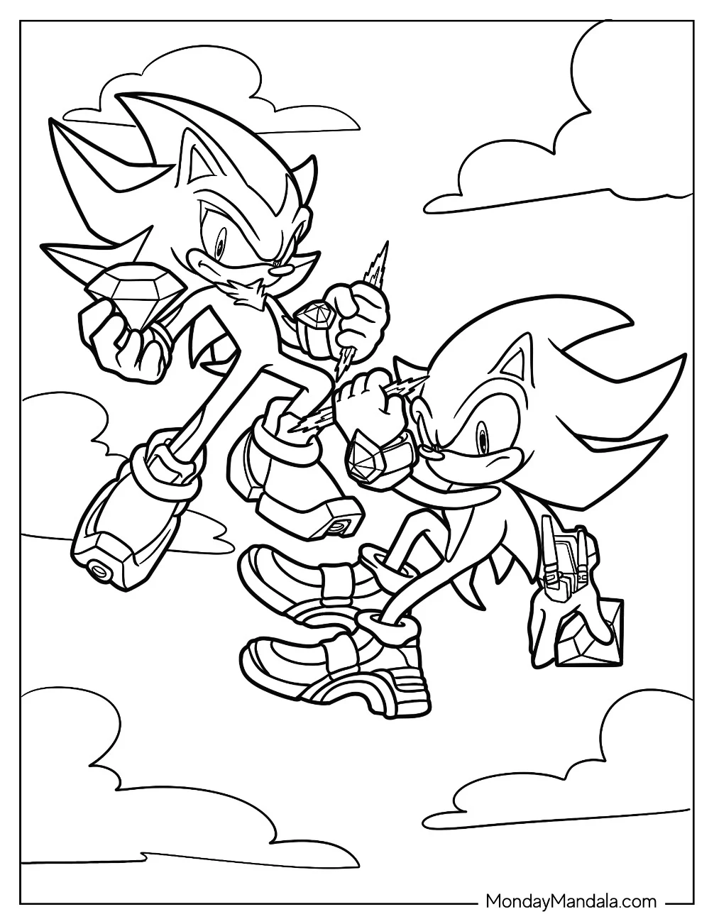 Super Sonic Coloring Page With Sonic Holding Chaos Emeralds coloring page