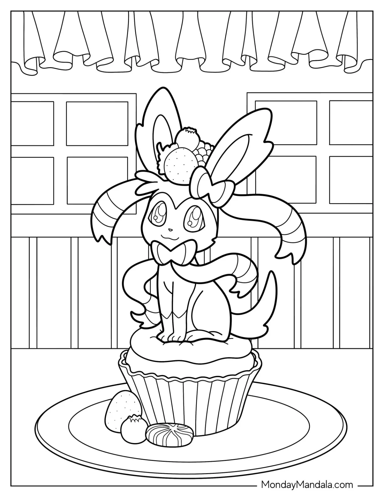 Cute Sylveon Coloring Page Sitting On Top Of Cupcake coloring page — printable line art