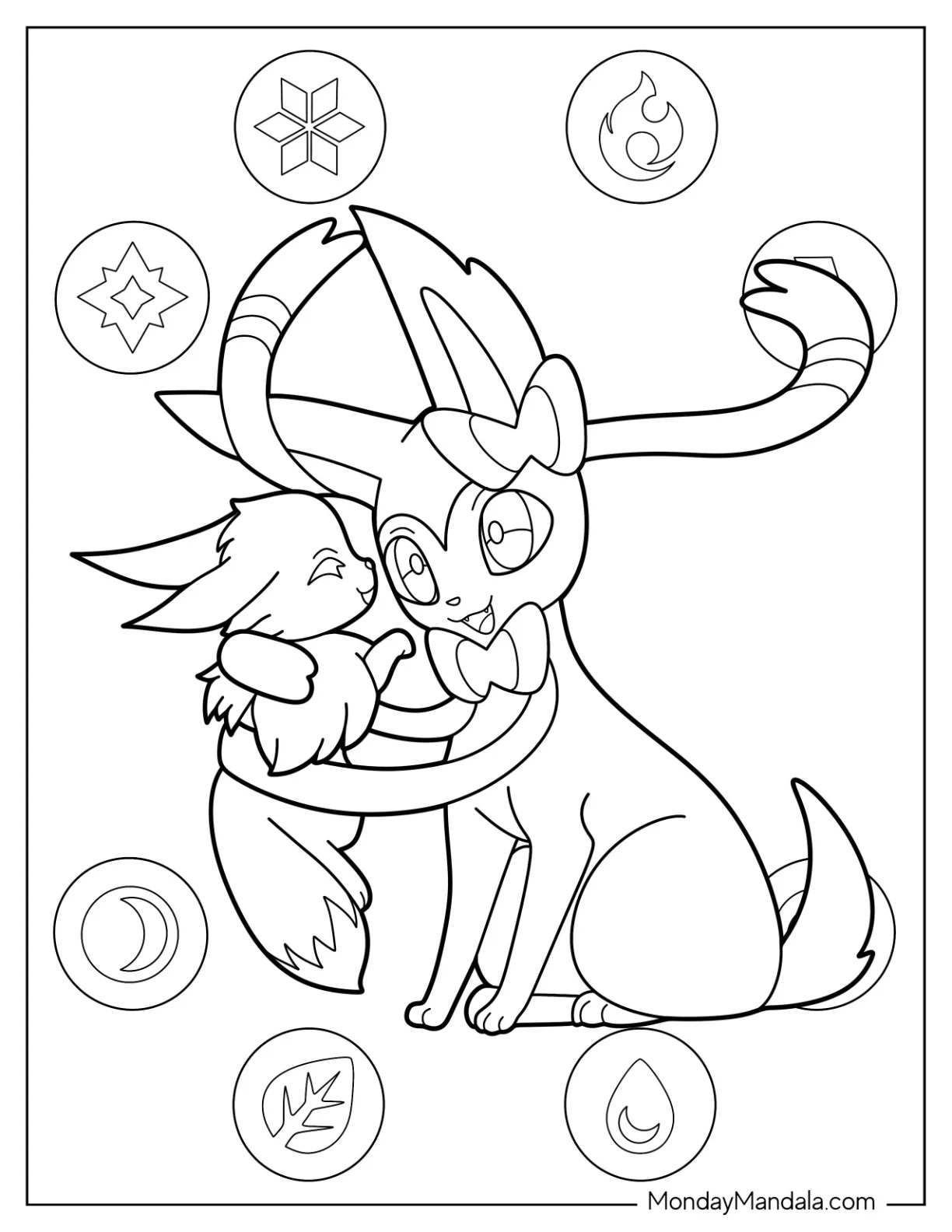 Sylveon Coloring Page Embracing Baby Eevee coloring page