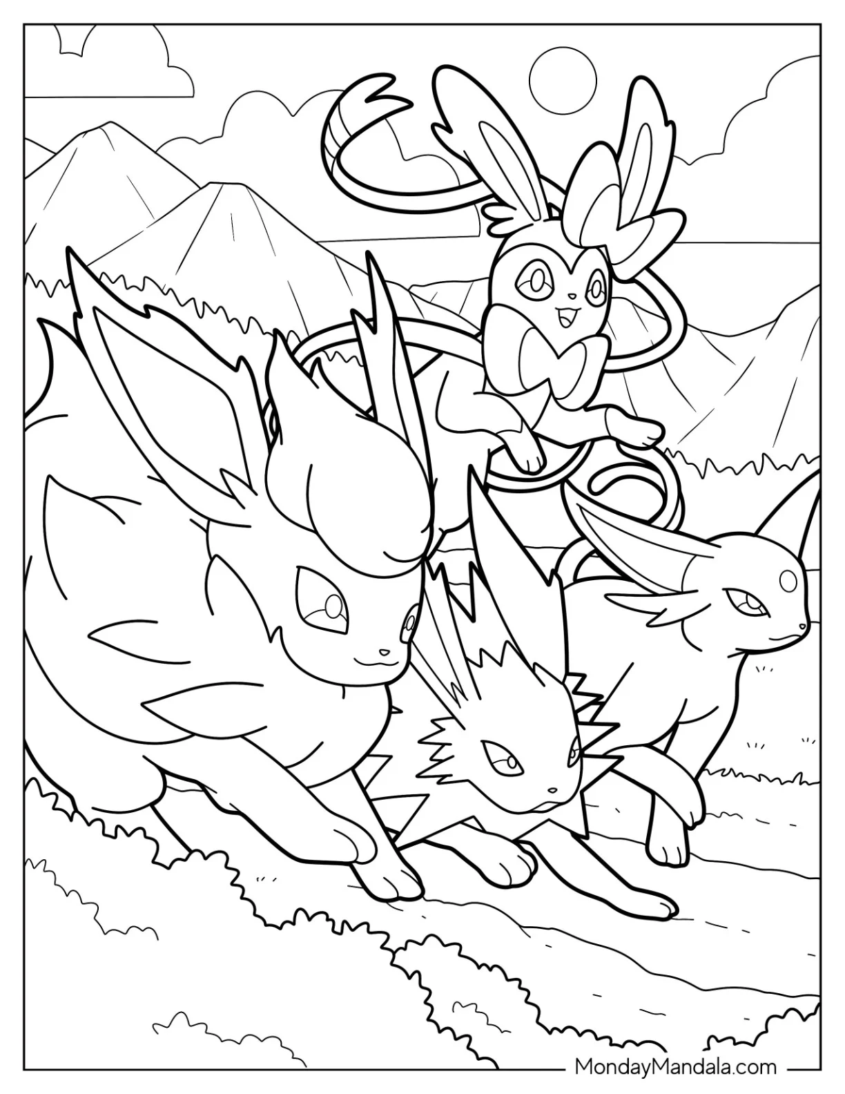 Sylveon Coloring Page Of Flareon, Jolteon, And Espion coloring page