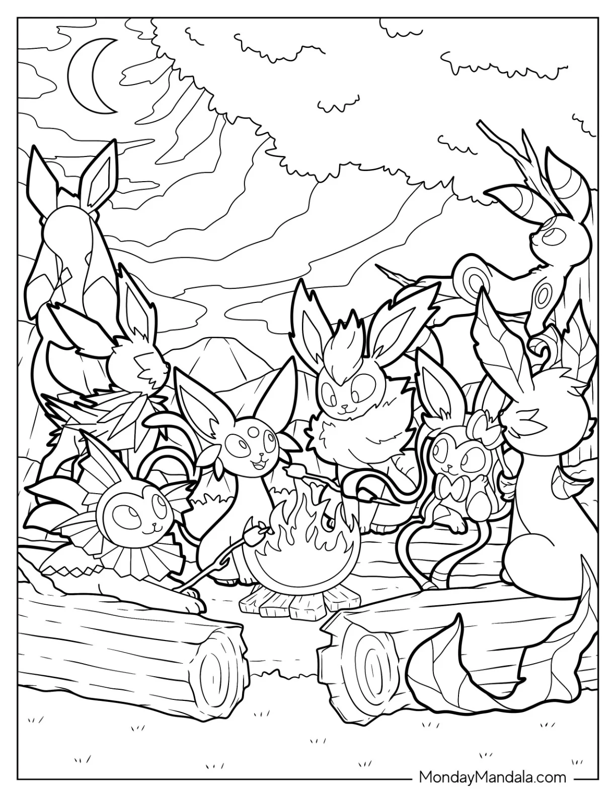 Sylveon Coloring Page With Other Eevee Evolutions Around Bonfire coloring page