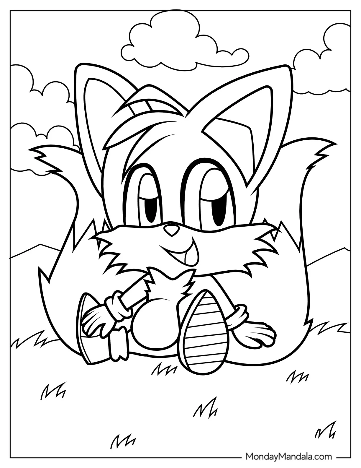 Cute Tails Coloring Page Sitting On Grass coloring page — printable line art