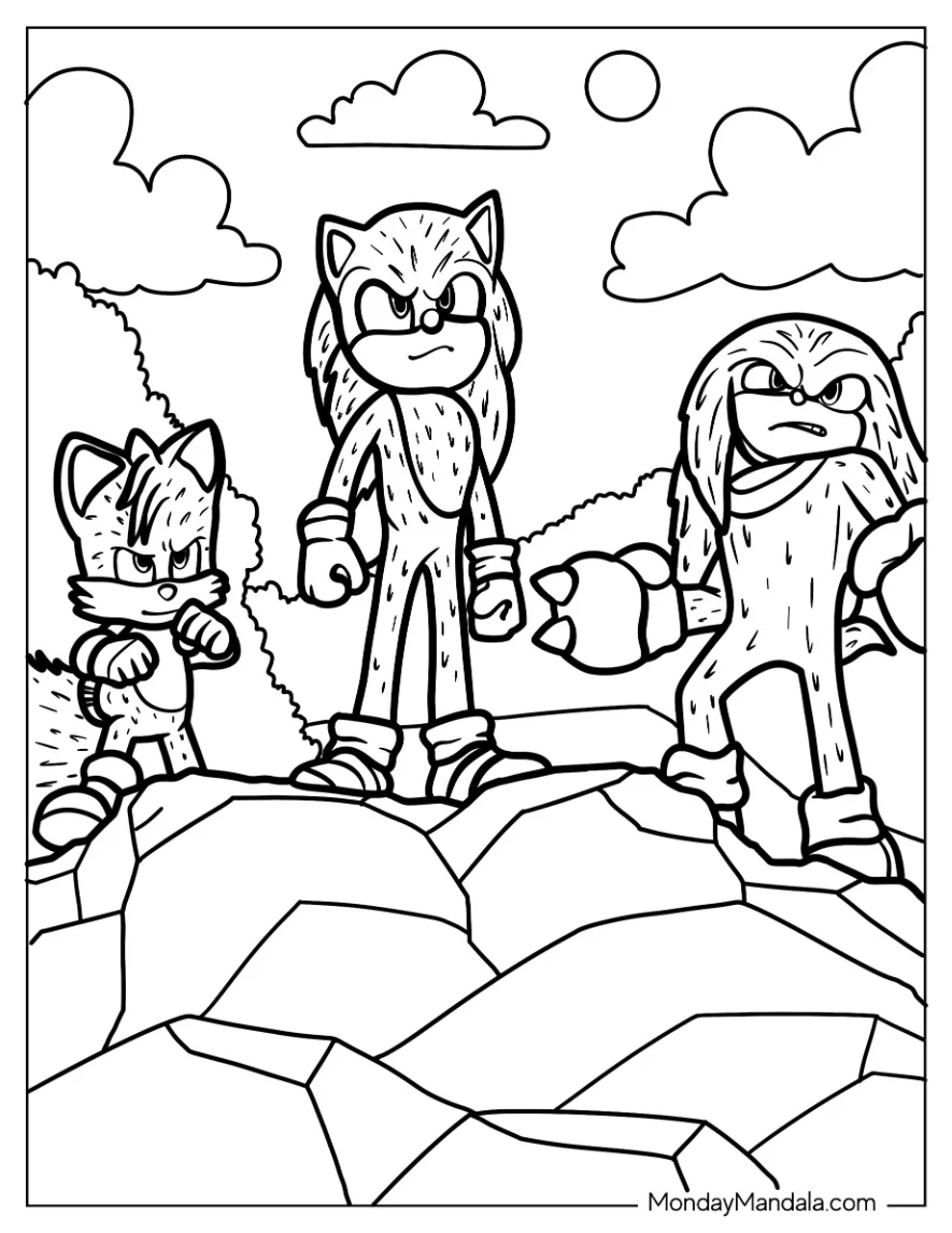 Detailed Sonic,, Knuckles, And Tails Coloring Page Standing On Cliff coloring page — printable line art