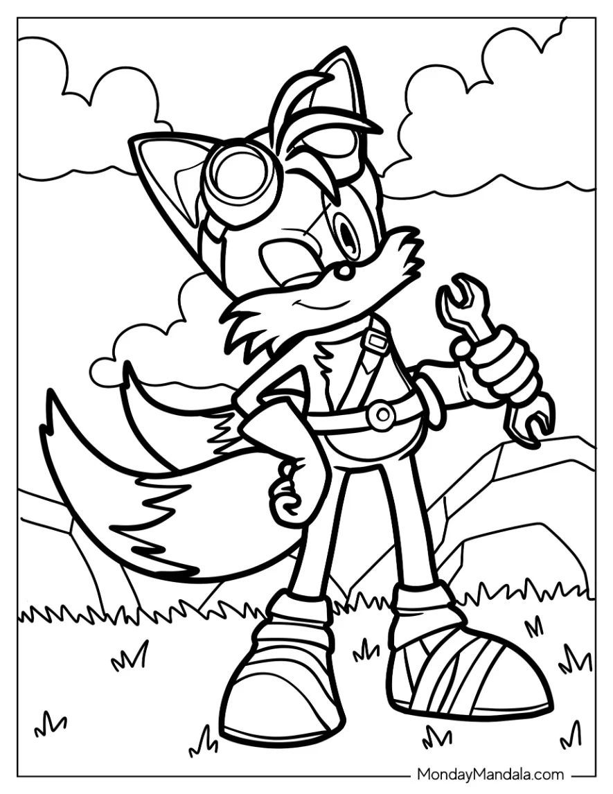Detailed Tails Coloring Page With Goggles and Wrench coloring page — printable line art