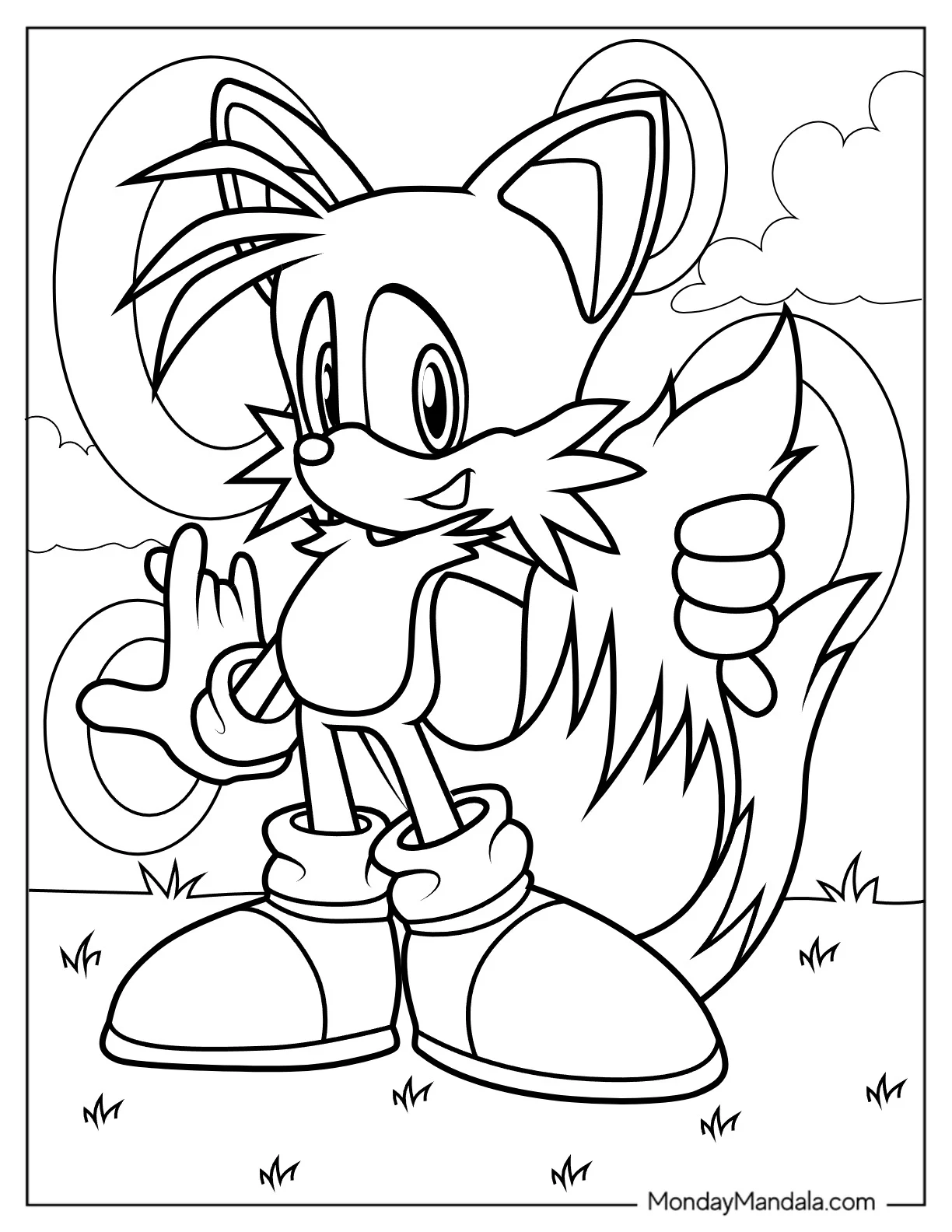 Smiling Tails Coloring Page Surrounded By Gold Rings coloring page — printable line art