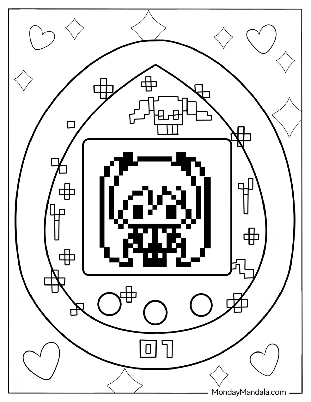 Pixelized Tamagotchi Coloring Page Featuring Tomomi For Kids coloring page — printable line art