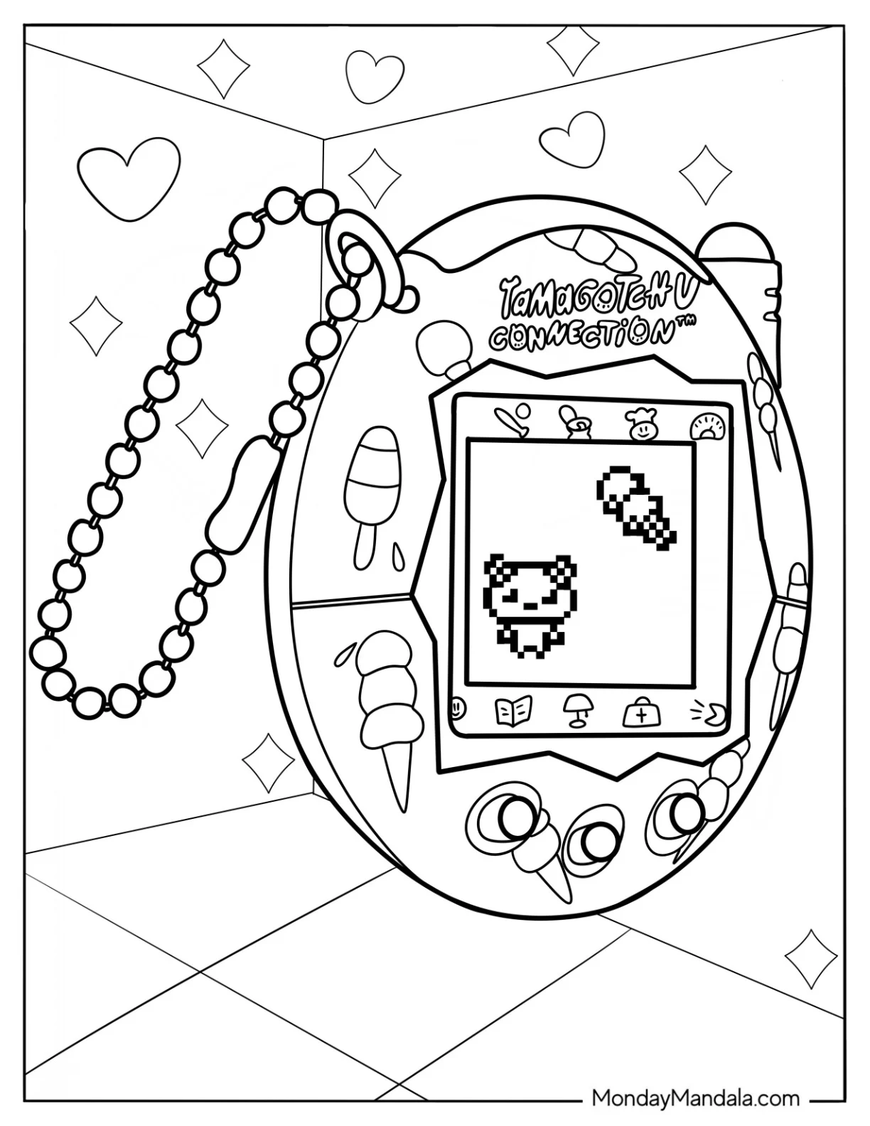Realistic Tamagotchi Coloring Page Console With Pixelized Pets On The Screen coloring page