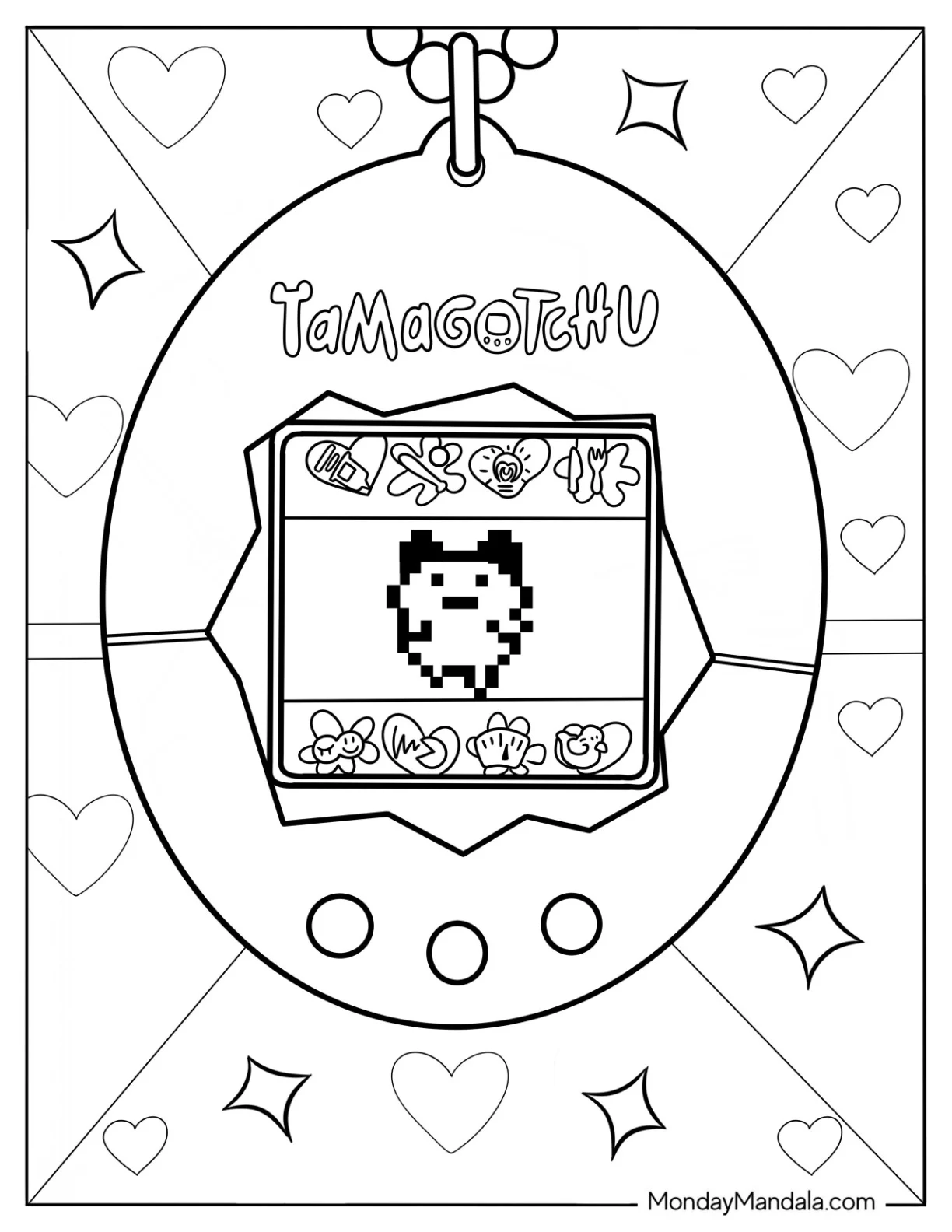 Retro Tamagotchi Coloring Page With Mametchi On The Screen coloring page