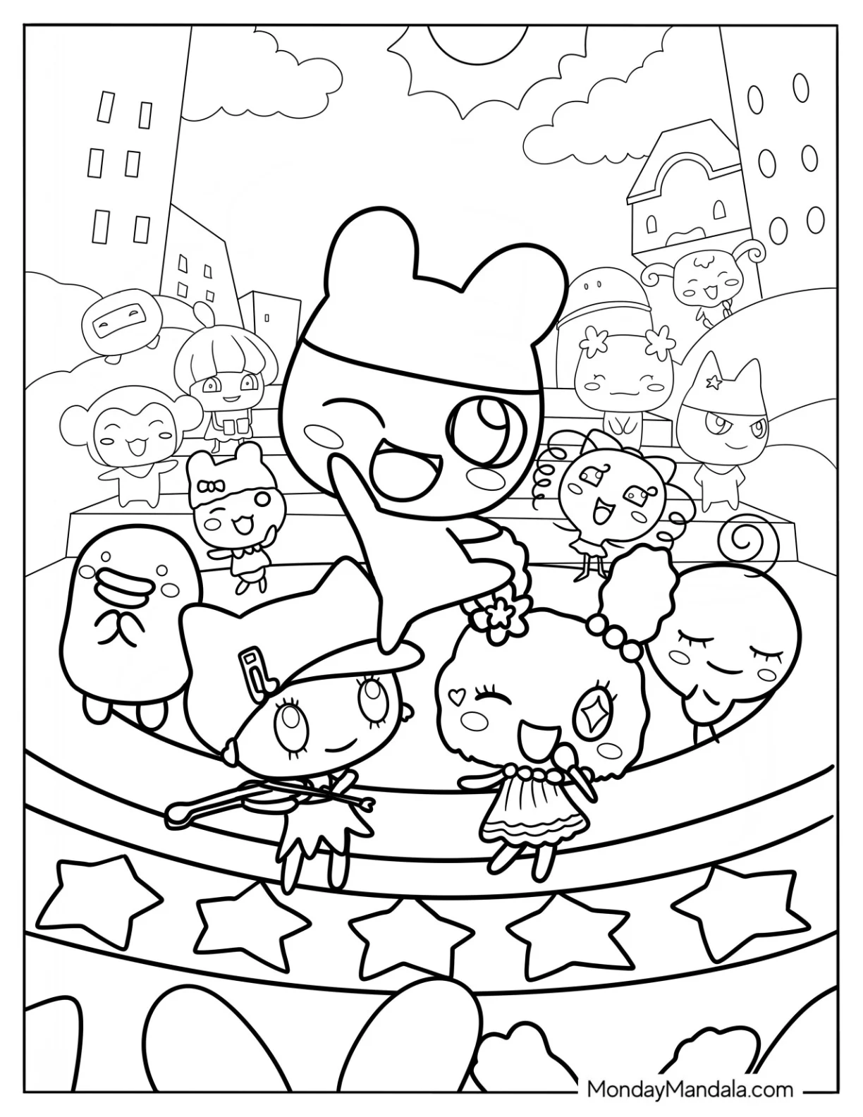 Tamagotchi Coloring Page Mametchi, Lovelin, Chamametchi, Kuchipatchi, And Friends coloring page