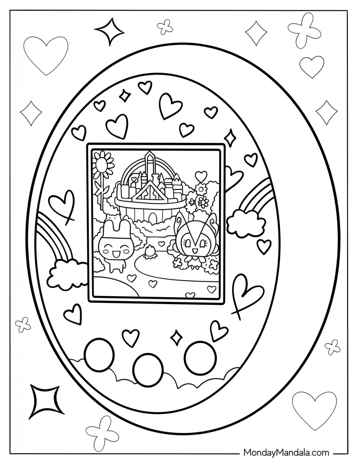 Tamagotchi Coloring Page Of Detailed Tamagotchi With Hearts And Rainbows coloring page