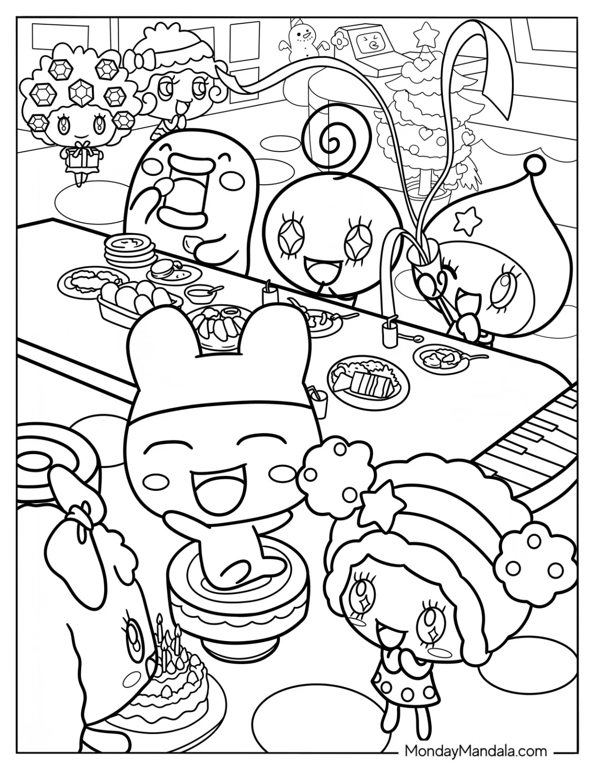 Tamagotchi Coloring Page Of Kuchipatchi, Mametchi, Lovelin, Chamametchi, And Friends Eating For Kids coloring page — printable line art