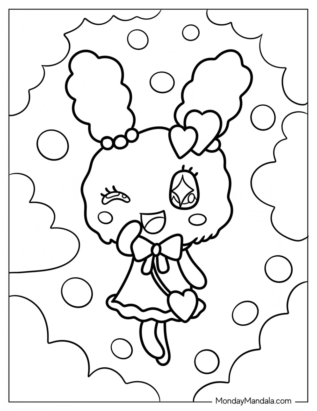 Tamagotchi Coloring Page Of Lovelitchi On The Clouds For Kids coloring page — printable line art