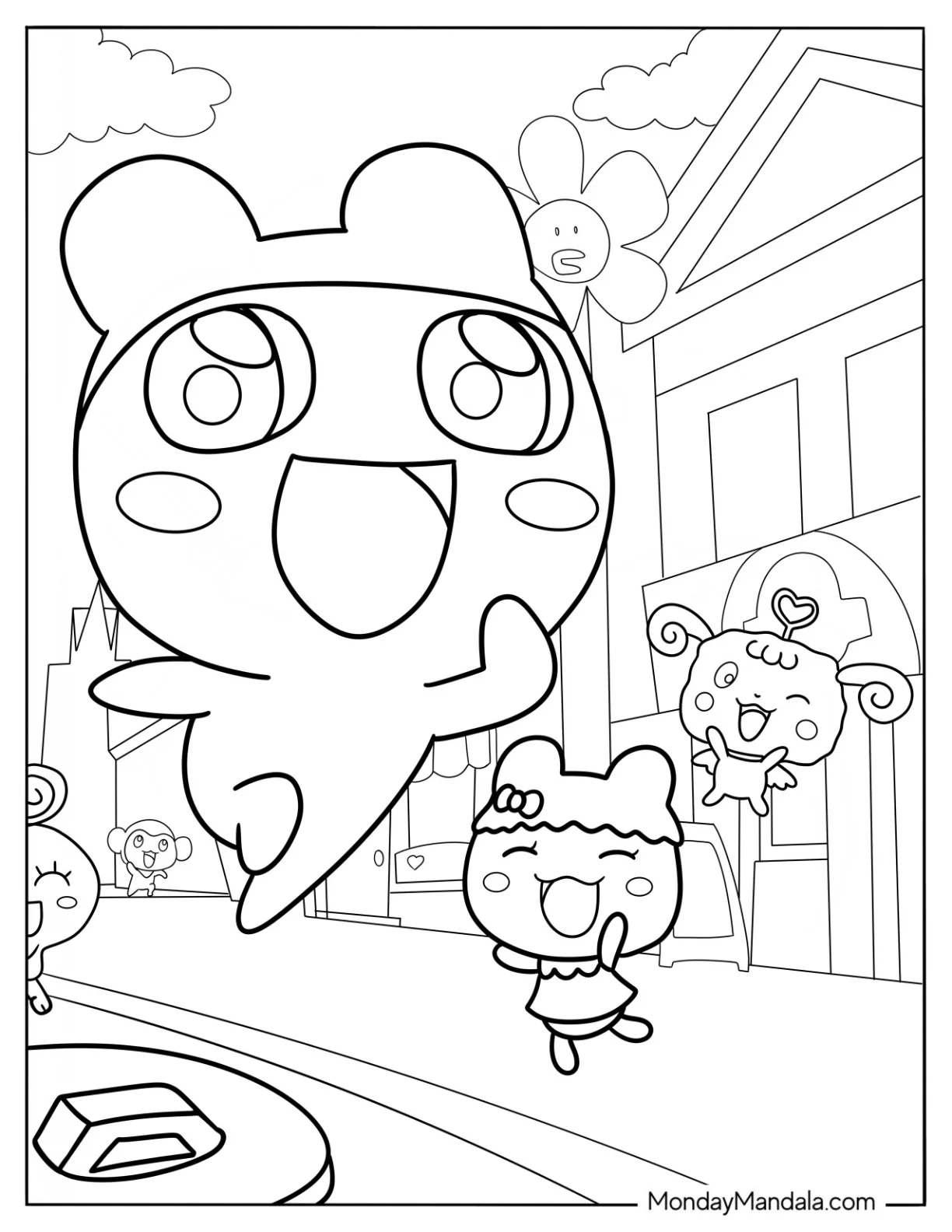 Tamagotchi Coloring Page Of Mametchi Skipping While Chamametchi And Happyhappytchi Watches From The Side coloring page — printable line art