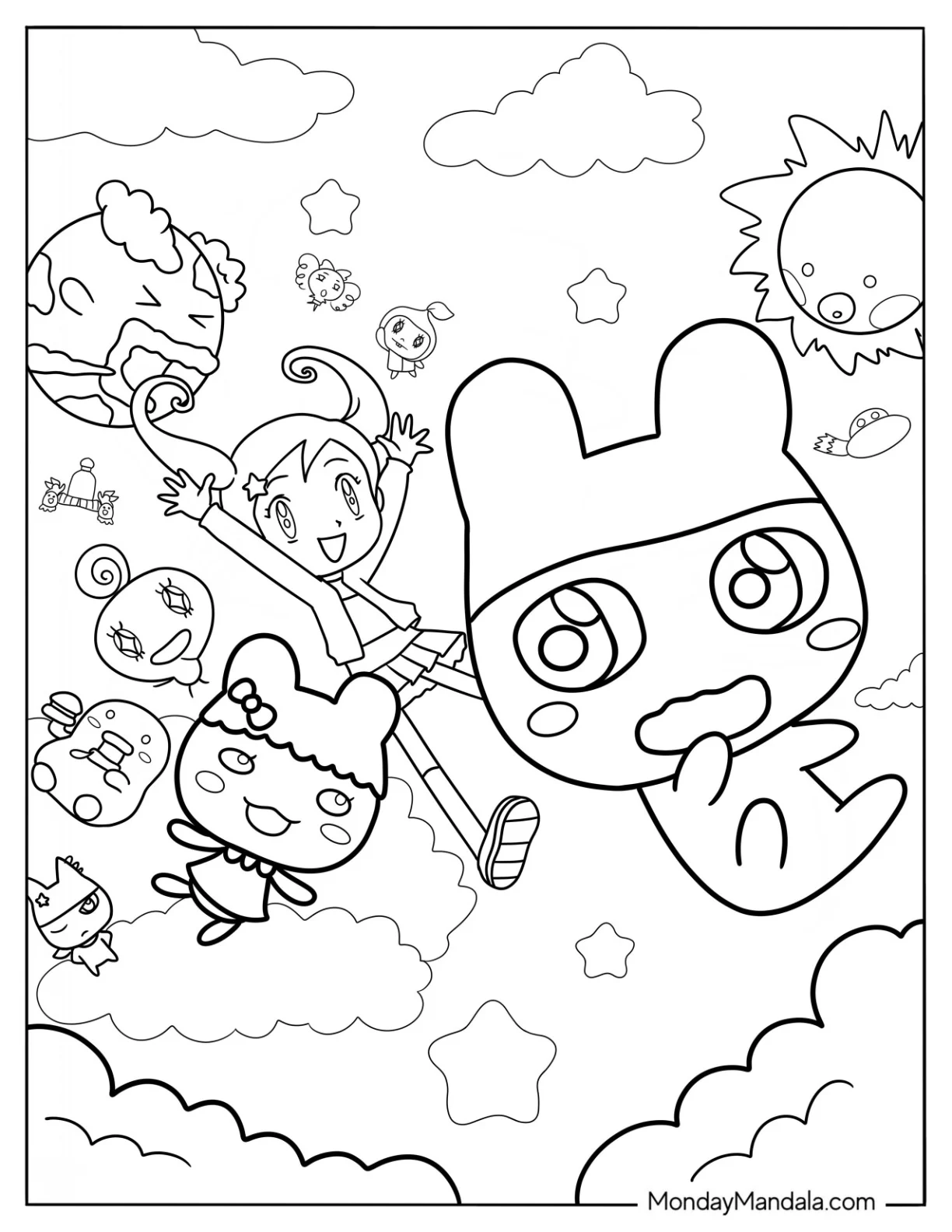 Tamagotchi Coloring Page Of Mametchi, Tomomi, And The Other Extraterrestrials Falling From The Sky coloring page