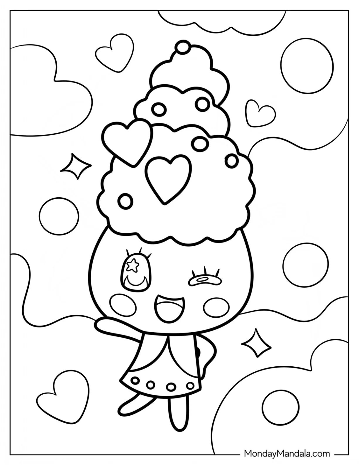 Tamagotchi Coloring Pages Of Winking Moriritchi On The Clouds For Kids coloring page