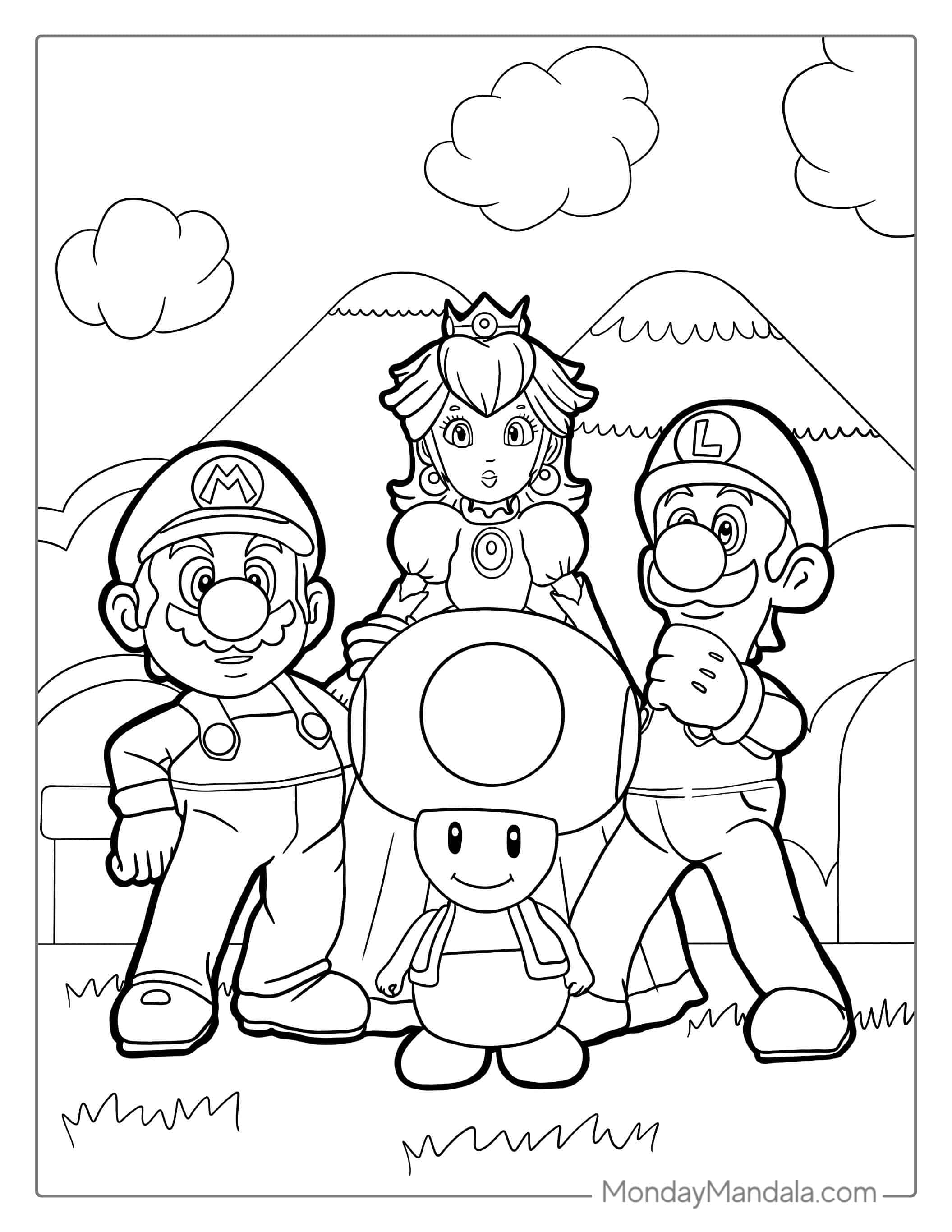 Toad With Peach, Mario, And Luigi To Color coloring page