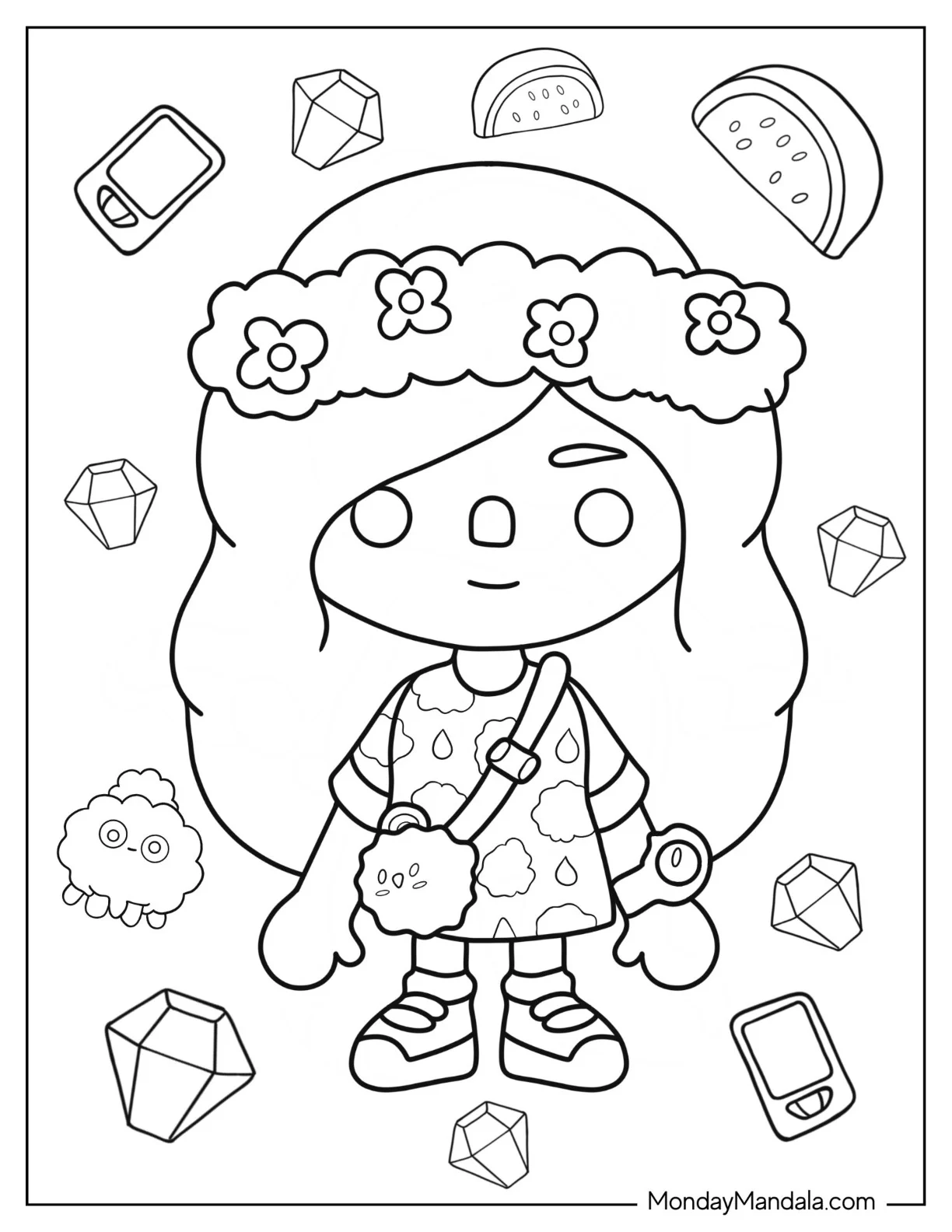 Cute Toca Boca Girl Wearing Flower Crown coloring page