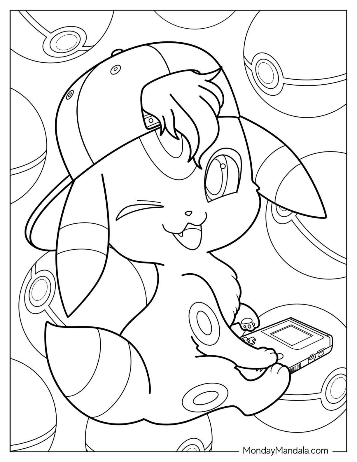 Cute Umbreon Coloring Page Wearing Cap And Playing Game Boy coloring page