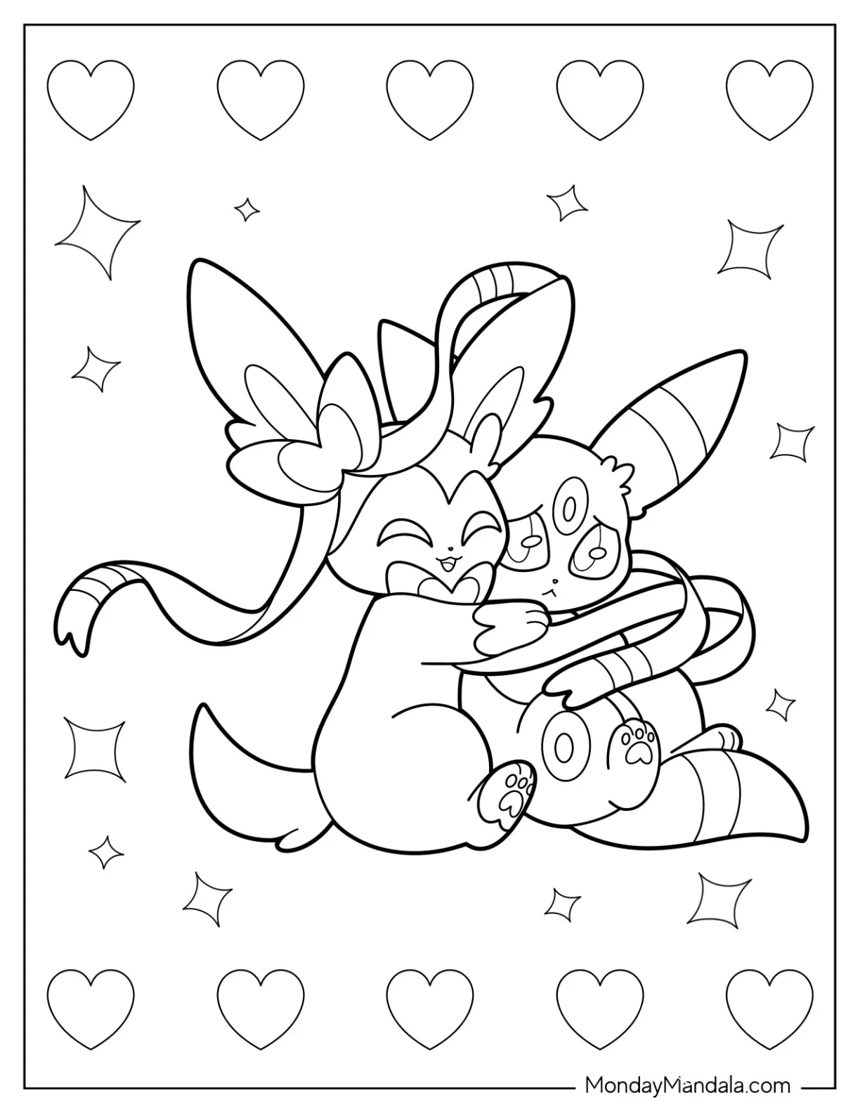Kawaii Sylveon Hugging Umbreon Coloring Page coloring page