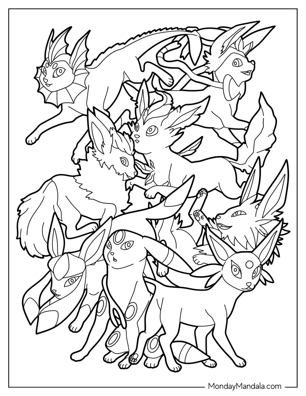 Umbreon Coloring Page With All Eevee Evolutions coloring page