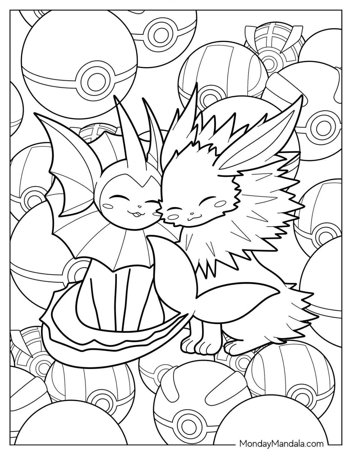 Jolteon Hugging Vaporeon Coloring Page coloring page