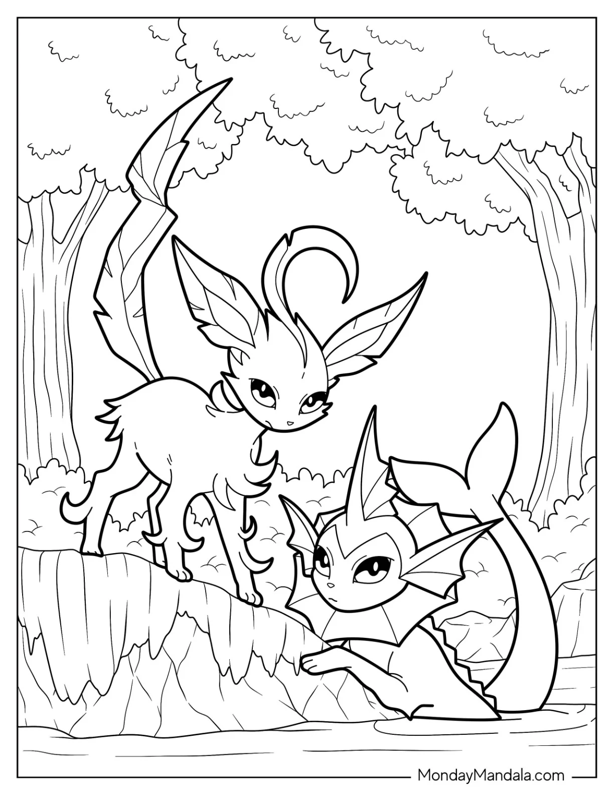 Leafeon On Land With Vaporeon Coloring Page In Water coloring page