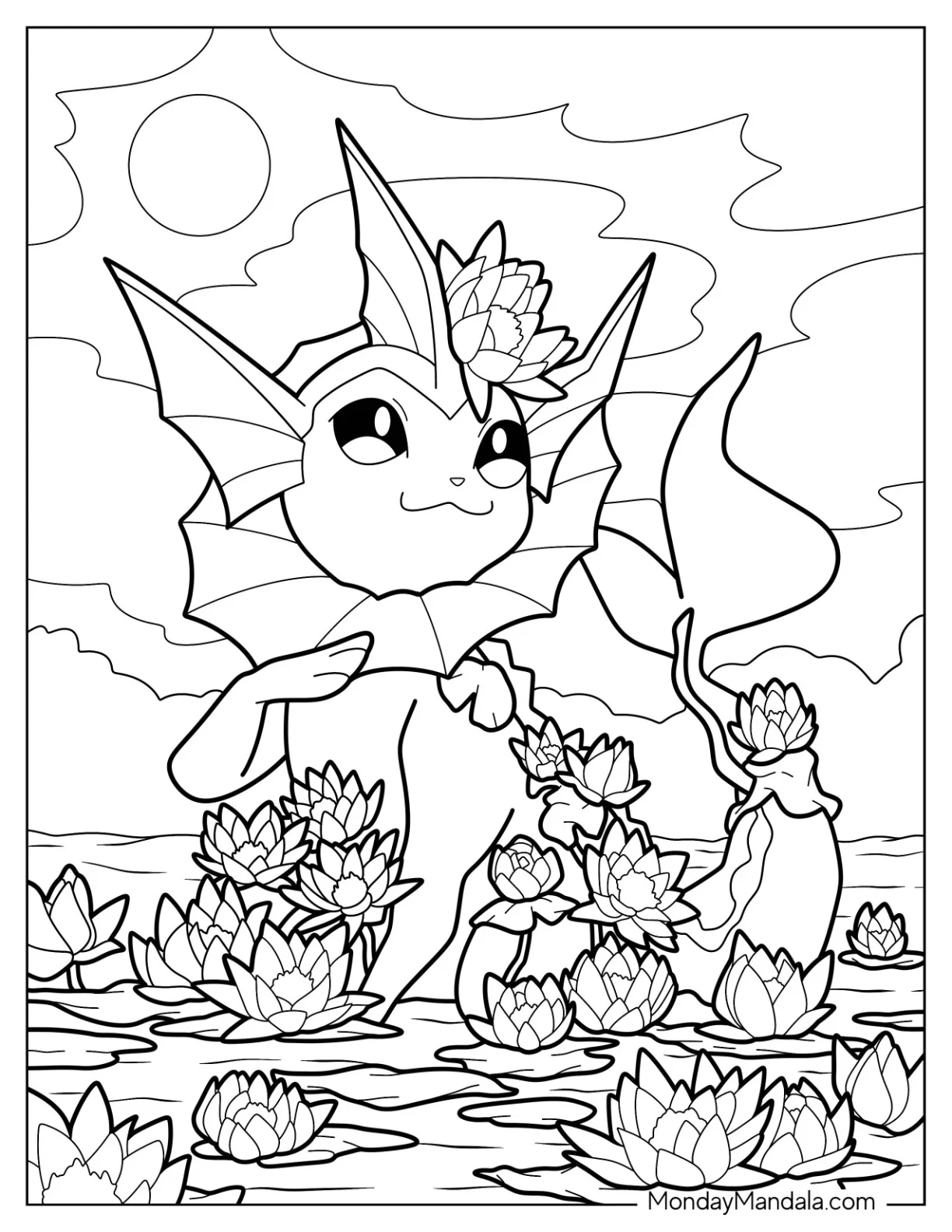 Smiling Vaporeon Coloring Page Surrounded By Lotus Flowers coloring page