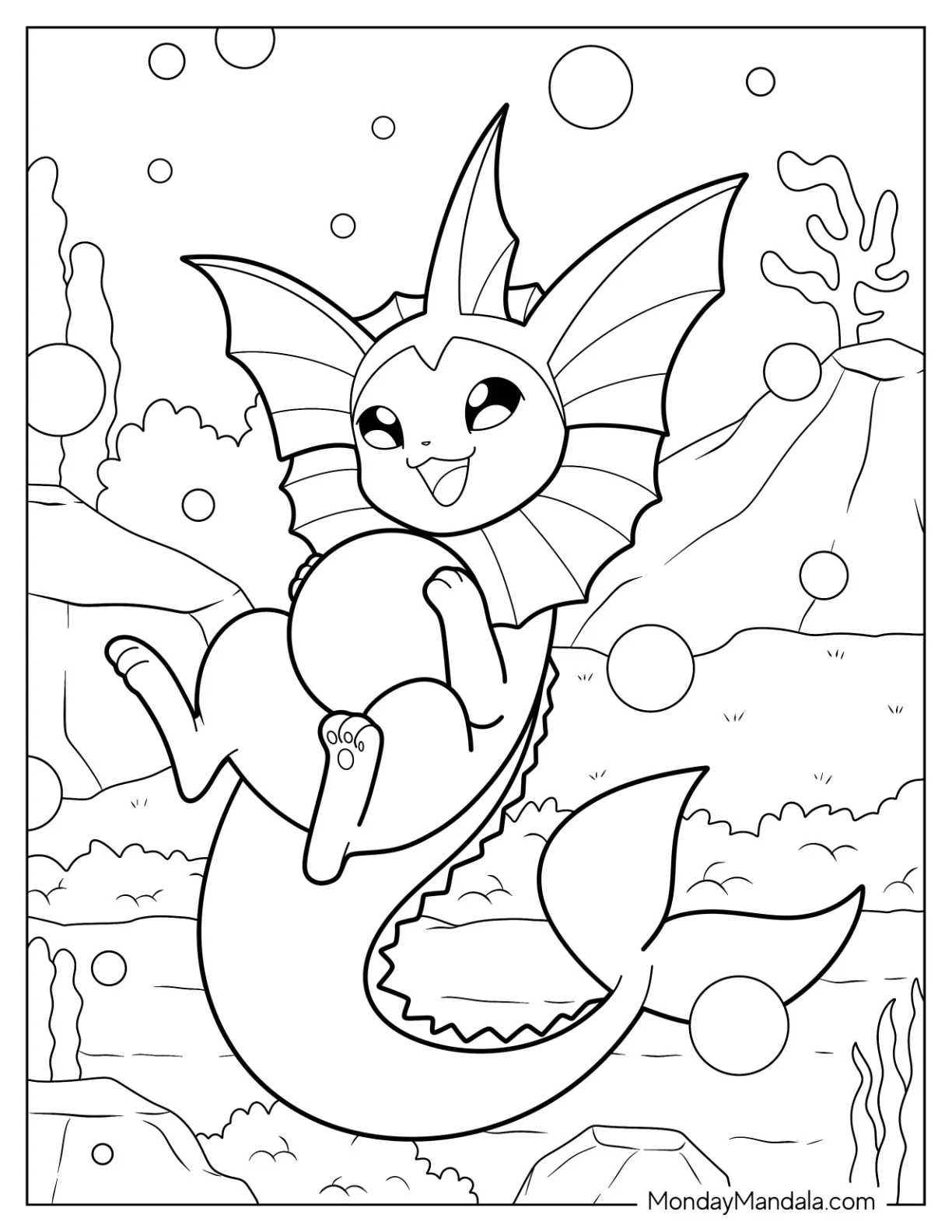 Vaporeon Coloring Page Hugging Orbs Underwater coloring page — printable line art