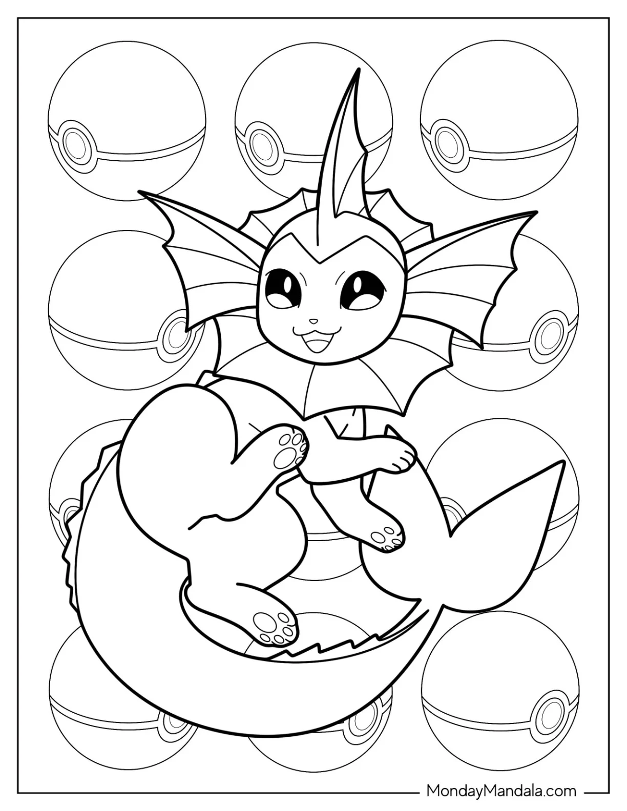 Vaporeon Coloring Page With Pokeball Background For Kids coloring page