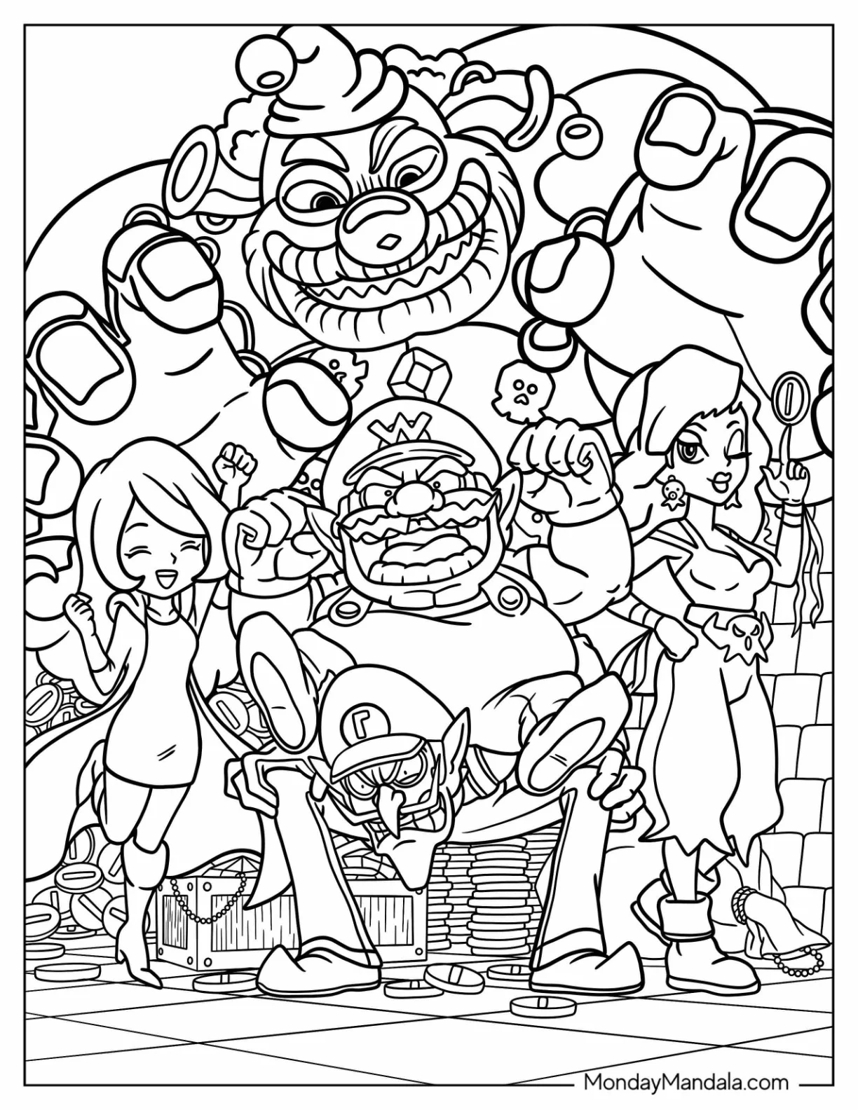 Detailed Wario With Waluigi, Captain Syrup, Mona, And Rudy The Clown Coloring Page coloring page