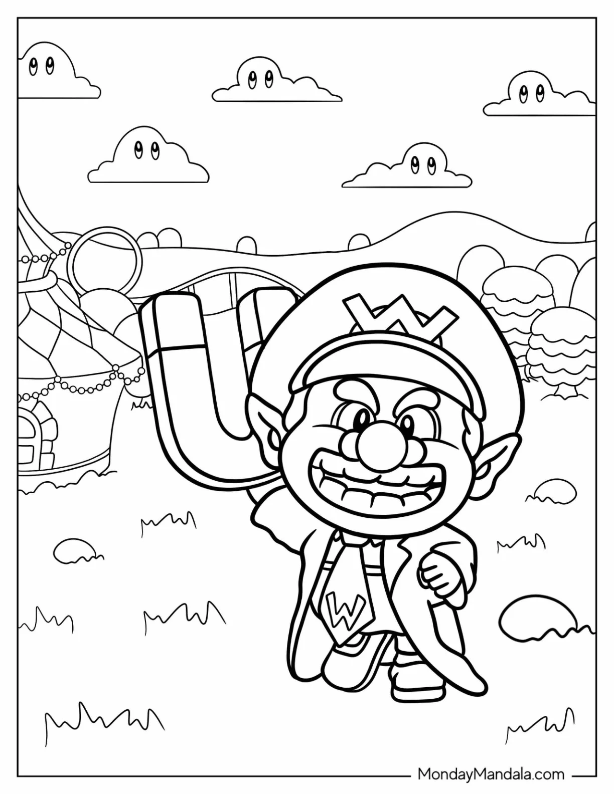 Dr. Baby Wario Holding Monstruous Magnet Coloring Sheet For Preschoolers coloring page