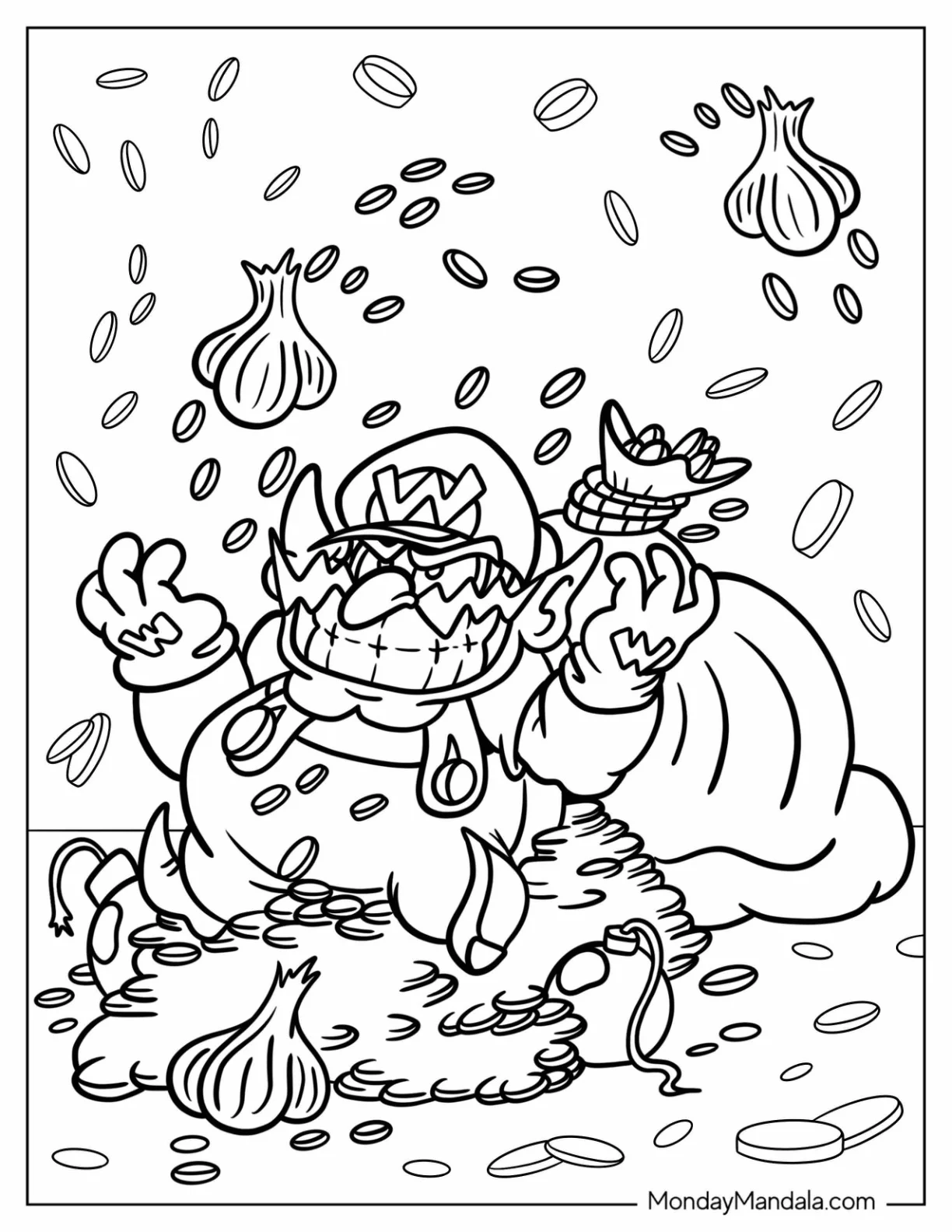 Gold Coins Raining On Wario Coloring Sheet coloring page