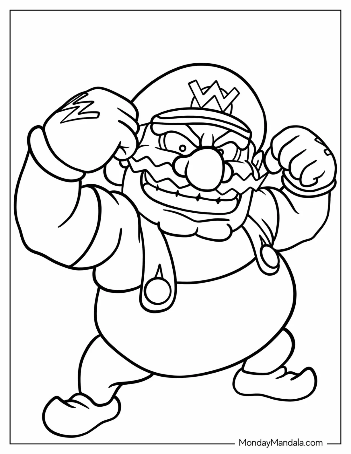 Simple Wario Flexing Muscles Coloring Page For Kids coloring page