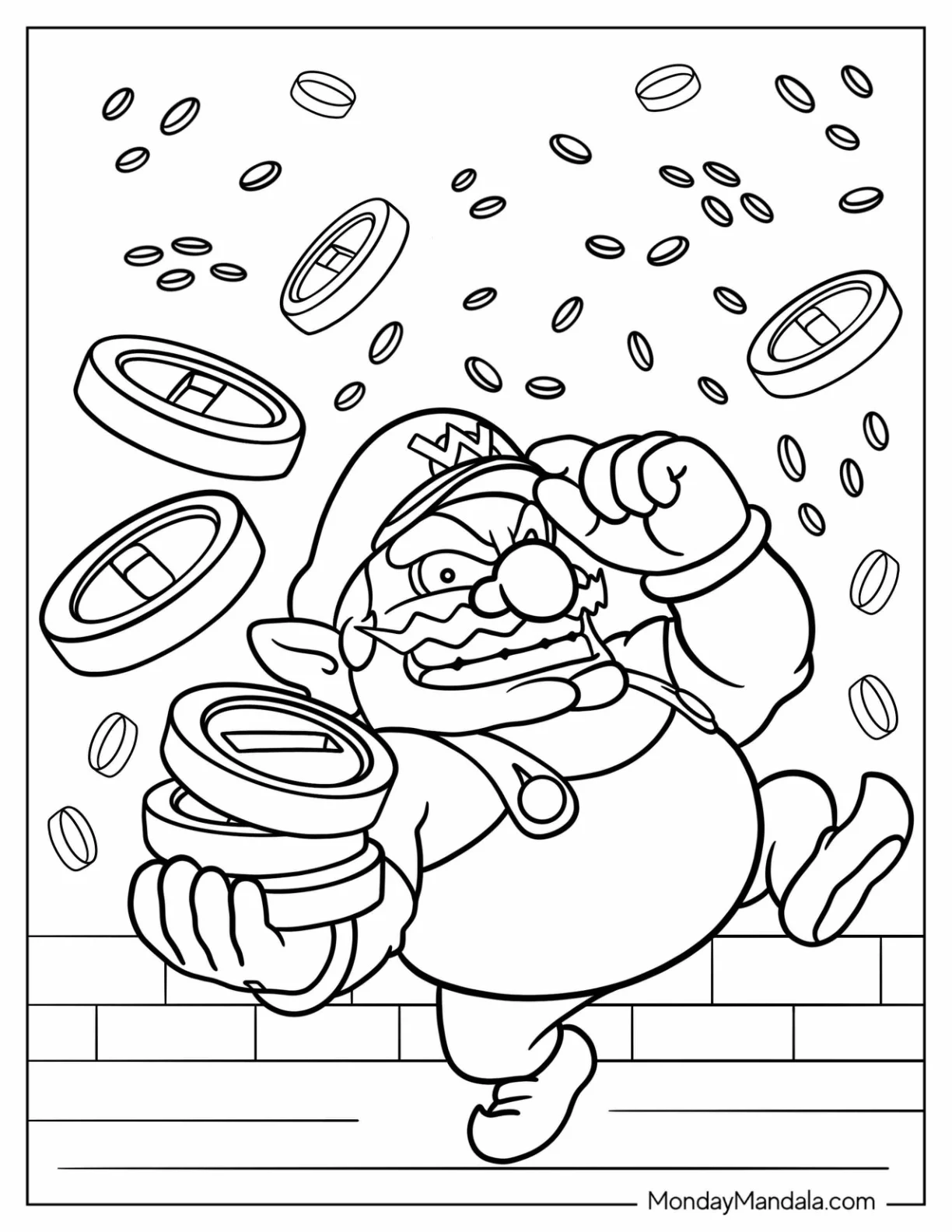 Waluigi Collecting Mushroom Coins Coloring Sheet coloring page