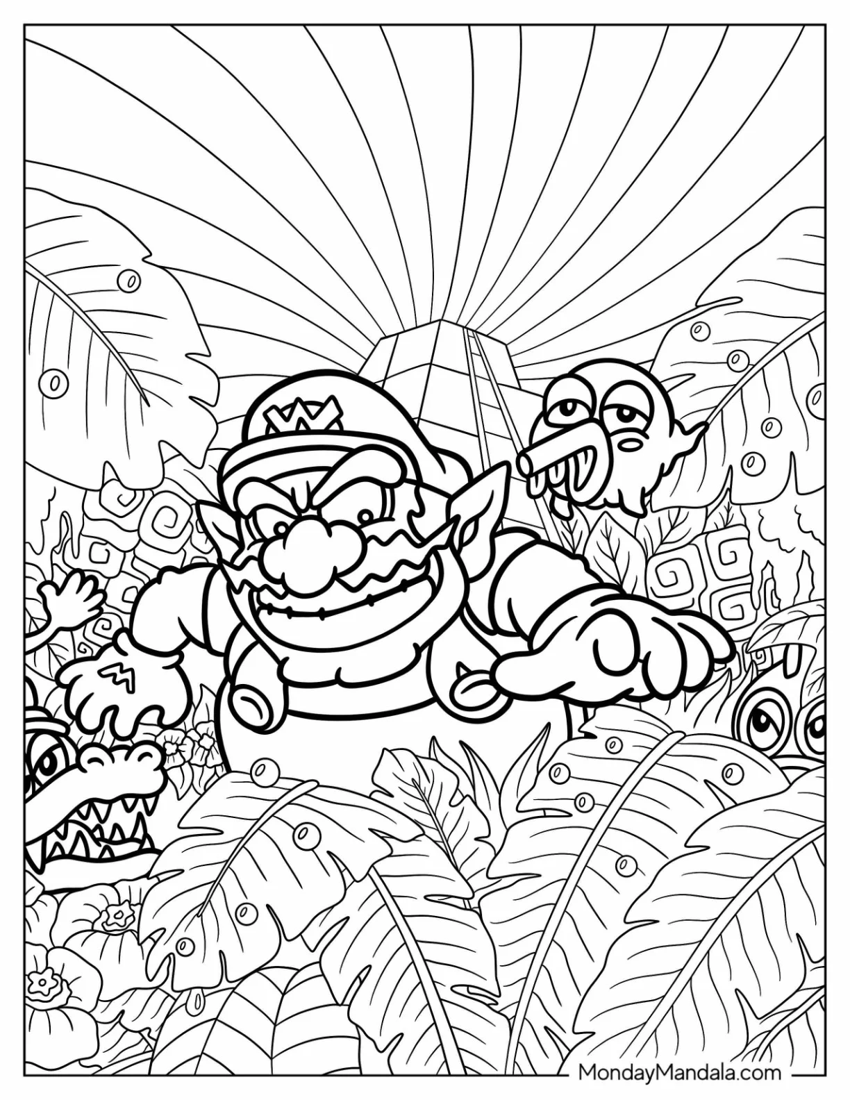 Wario In The Forest With Cheep Cheep coloring page