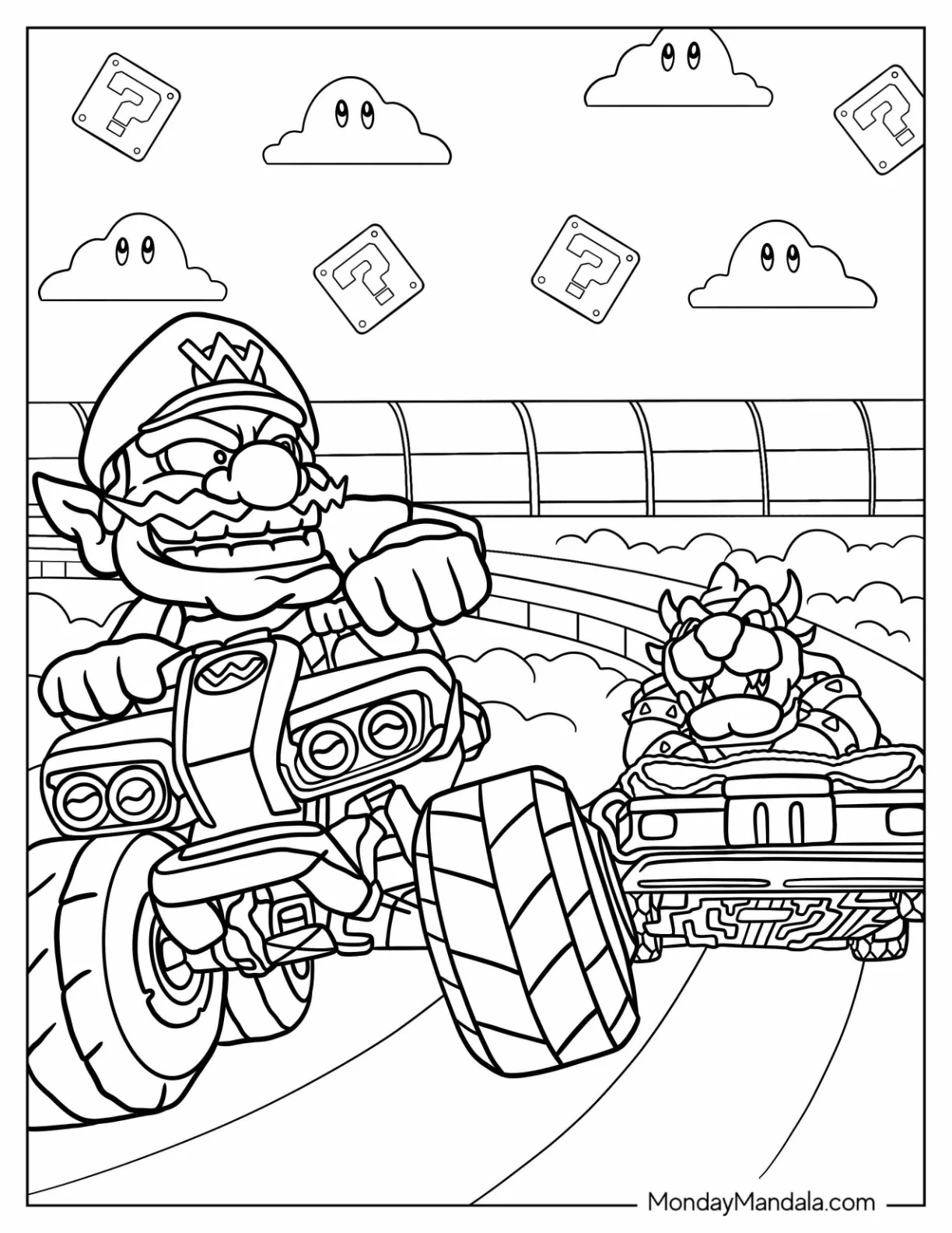 Wario Racing Bowser In Mario Kart coloring page
