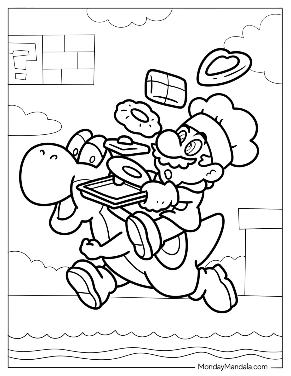 Chef Mario Carrying Pastries On Yoshi s Back Coloring Sheet coloring page