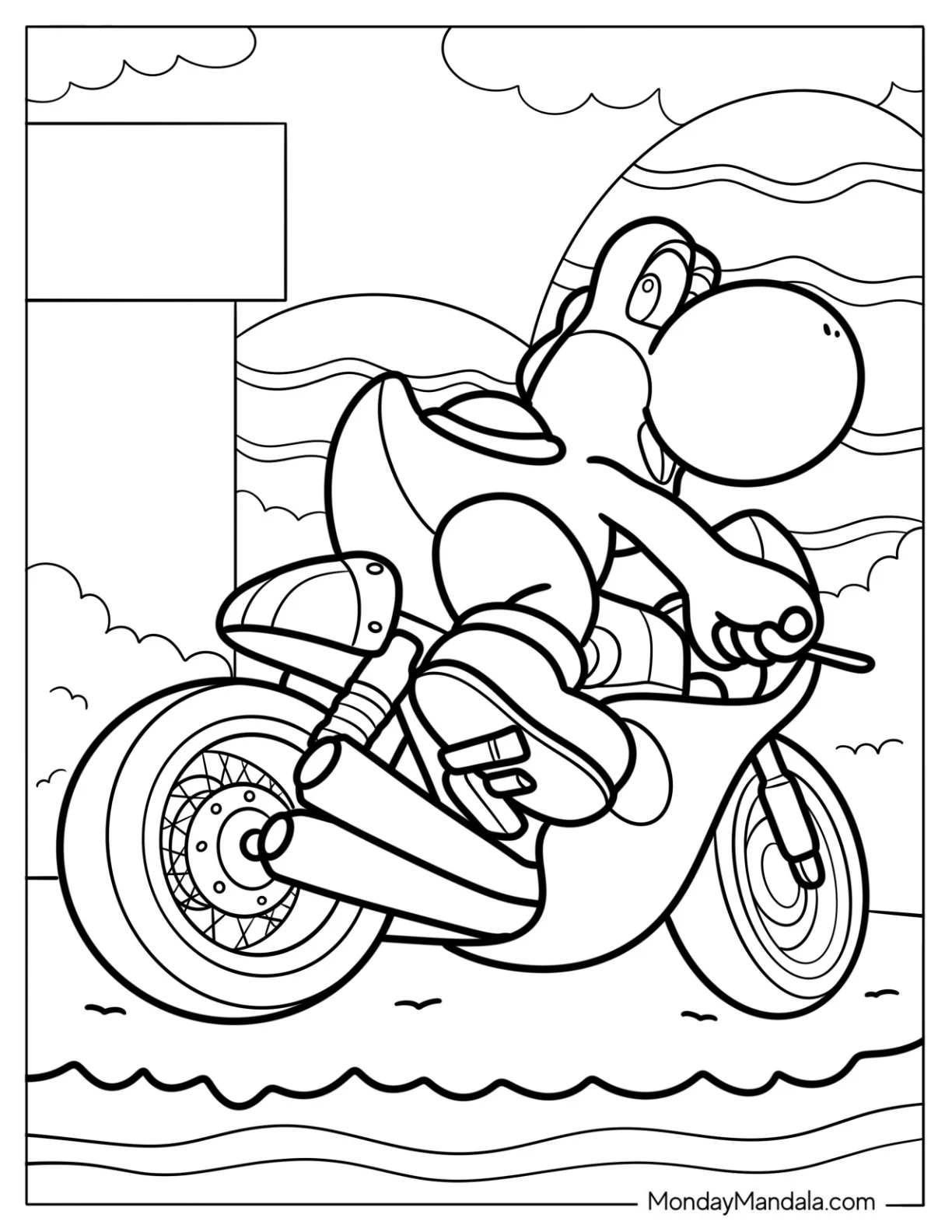 Cool Yoshi Riding A Motorcycle Coloring Page For Kids coloring page — printable line art