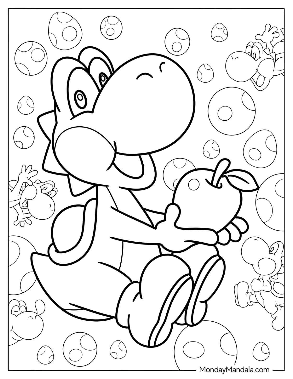 Easy Yoshi Holding An Apple Coloring Page For Kids coloring page — printable line art