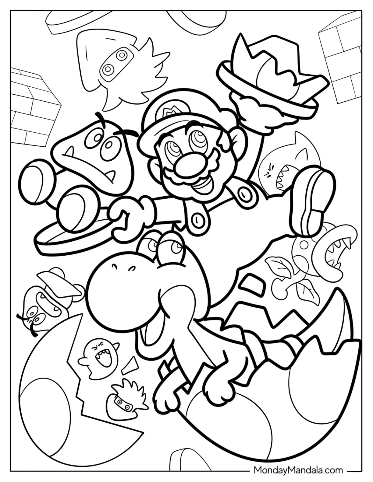 Fun Goomba, Mario, And Yoshi Coloring Sheet coloring page