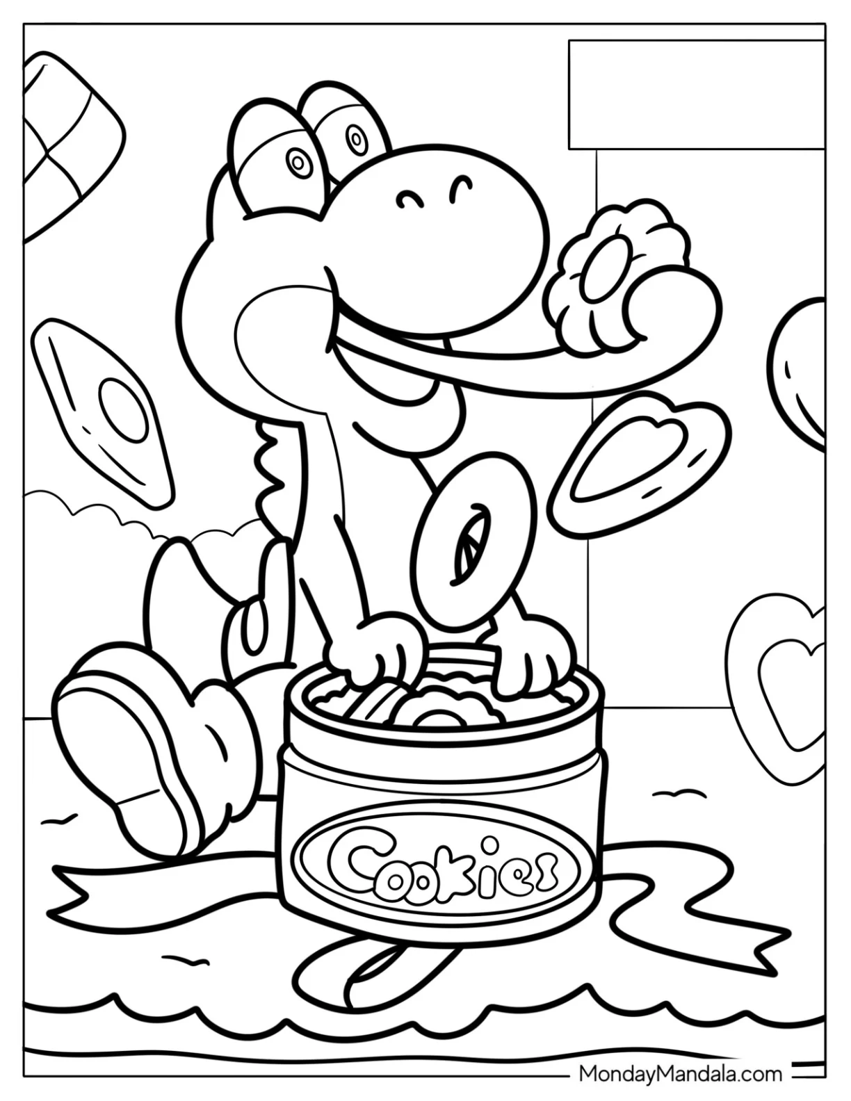 Hungry Yoshi Grabbing Snacks With His Tongue coloring page — printable line art