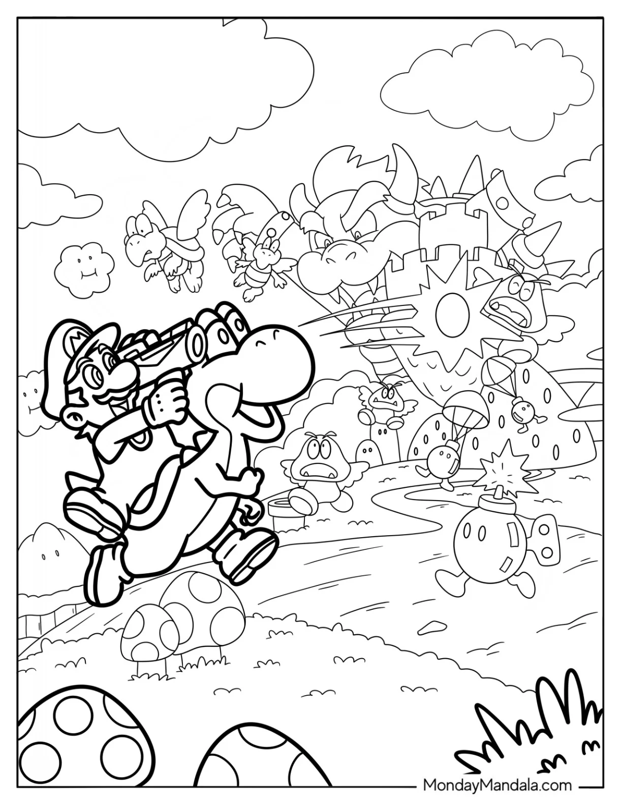 Mario And Yoshi Fighting Bowser Coloring Page coloring page