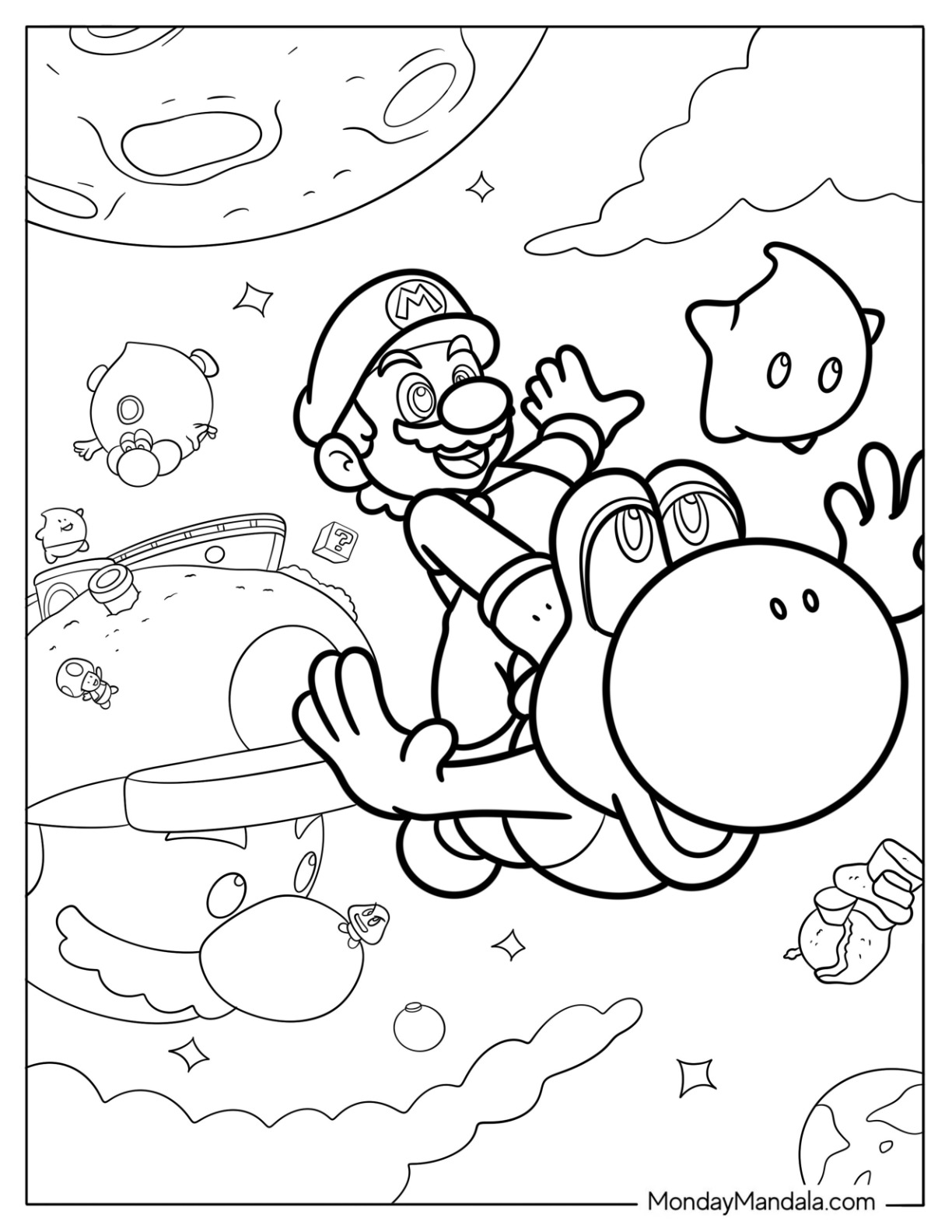 Mario Flying With Yoshi In Outer Space Coloring Page coloring page