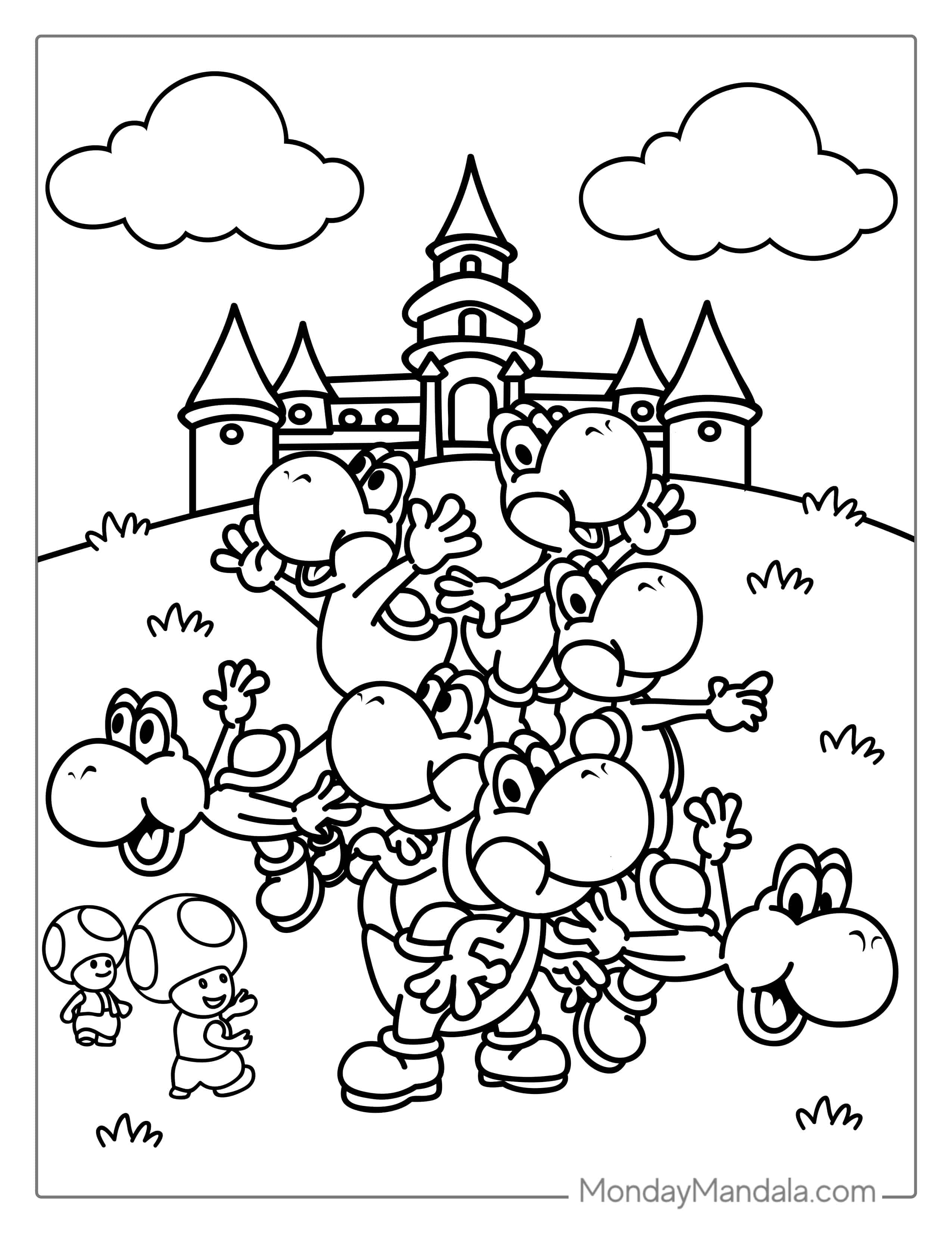 Multiple Yoshi Dragons With Toad Coloring coloring page