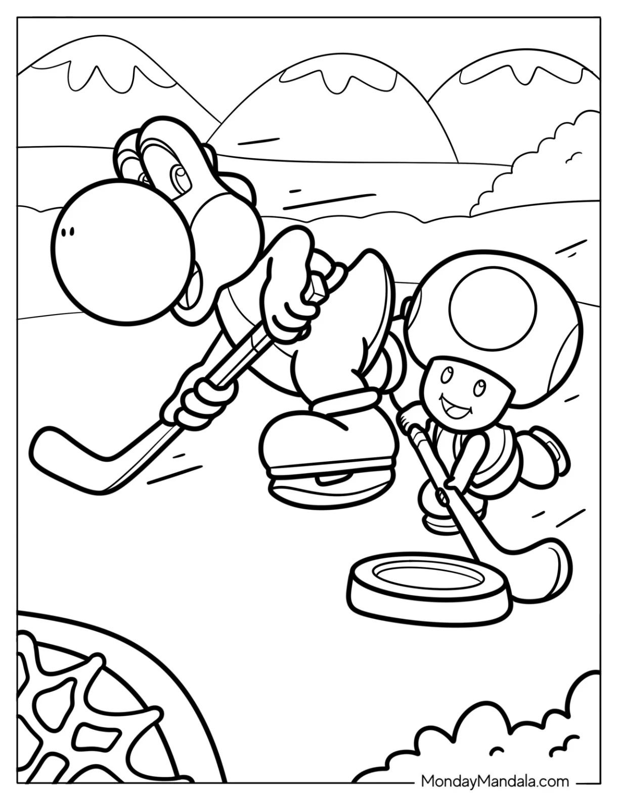 Toad And Yoshi Playing Ice Hockey Coloring Page coloring page