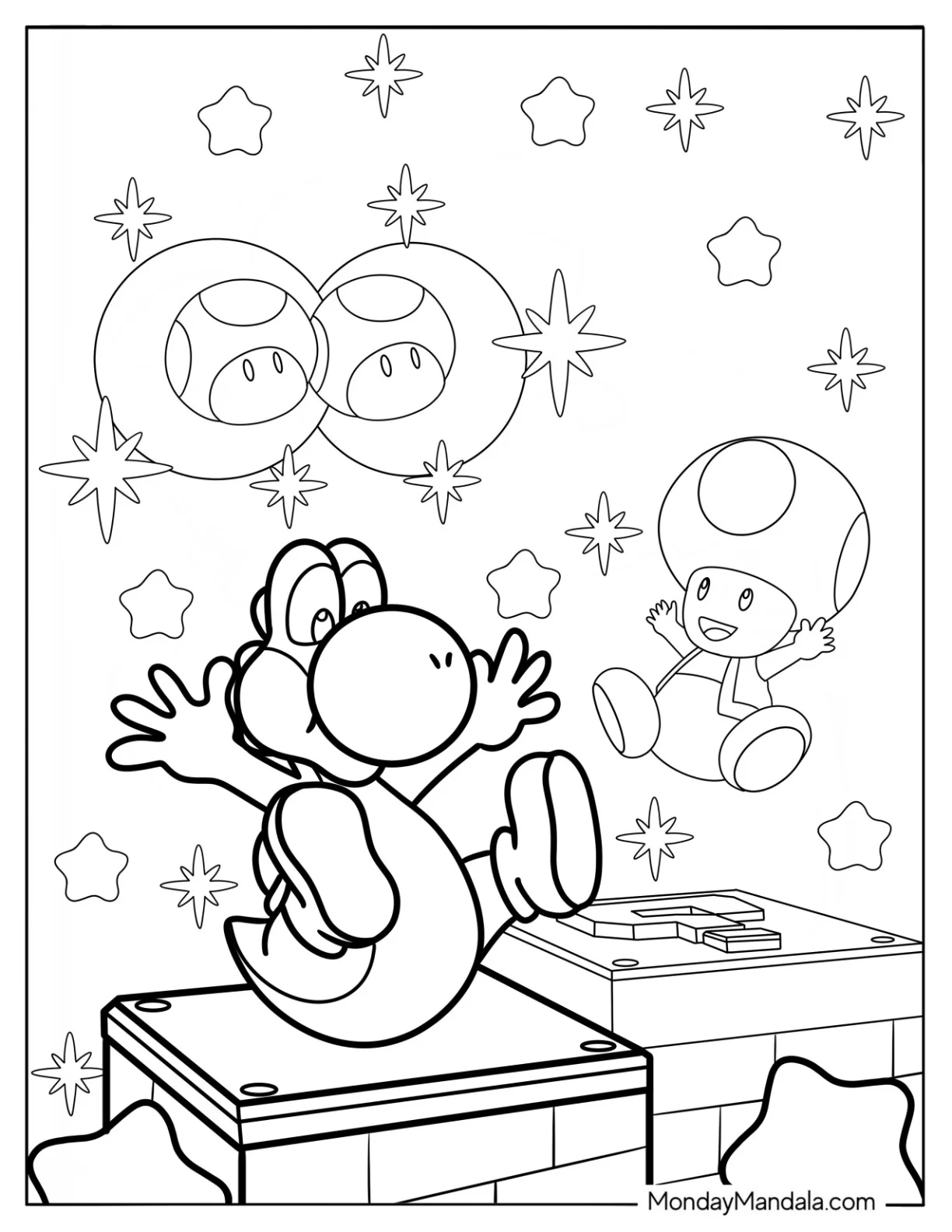 Yoshi And Toad Bouncing Coloring Page coloring page — printable line art