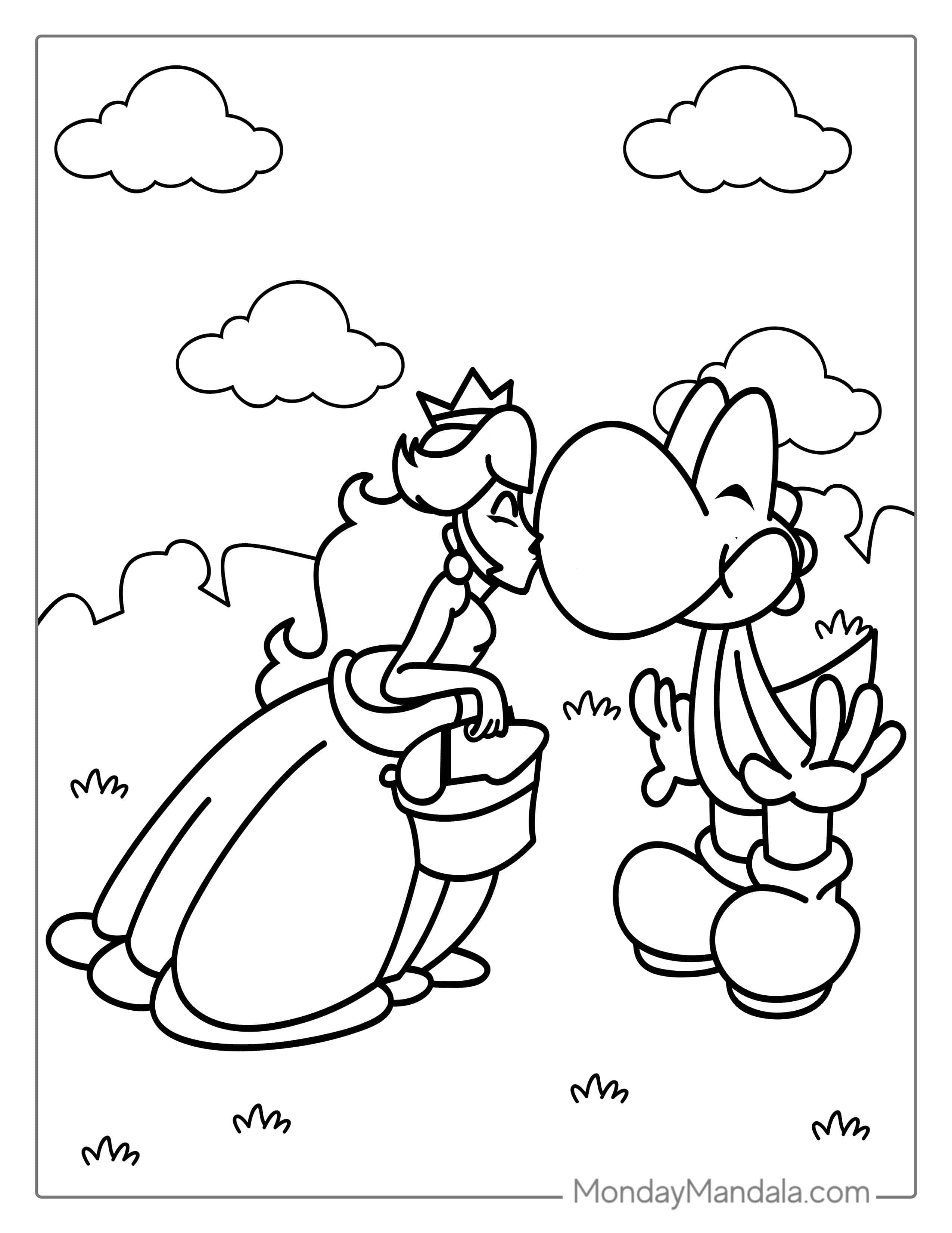Yoshi Being Kissed By Princess Peach Coloring coloring page — printable line art