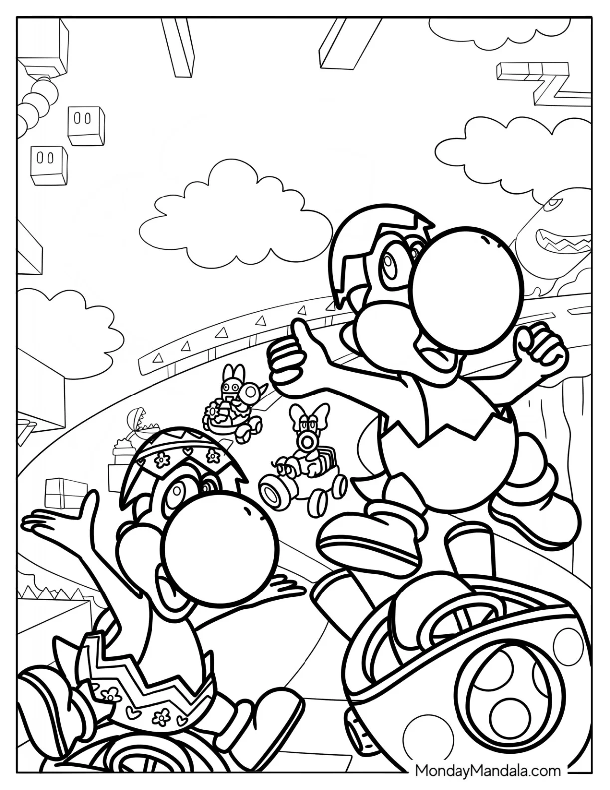 Yoshi Driving Karts In Mario Kart Coloring Sheet coloring page — printable line art