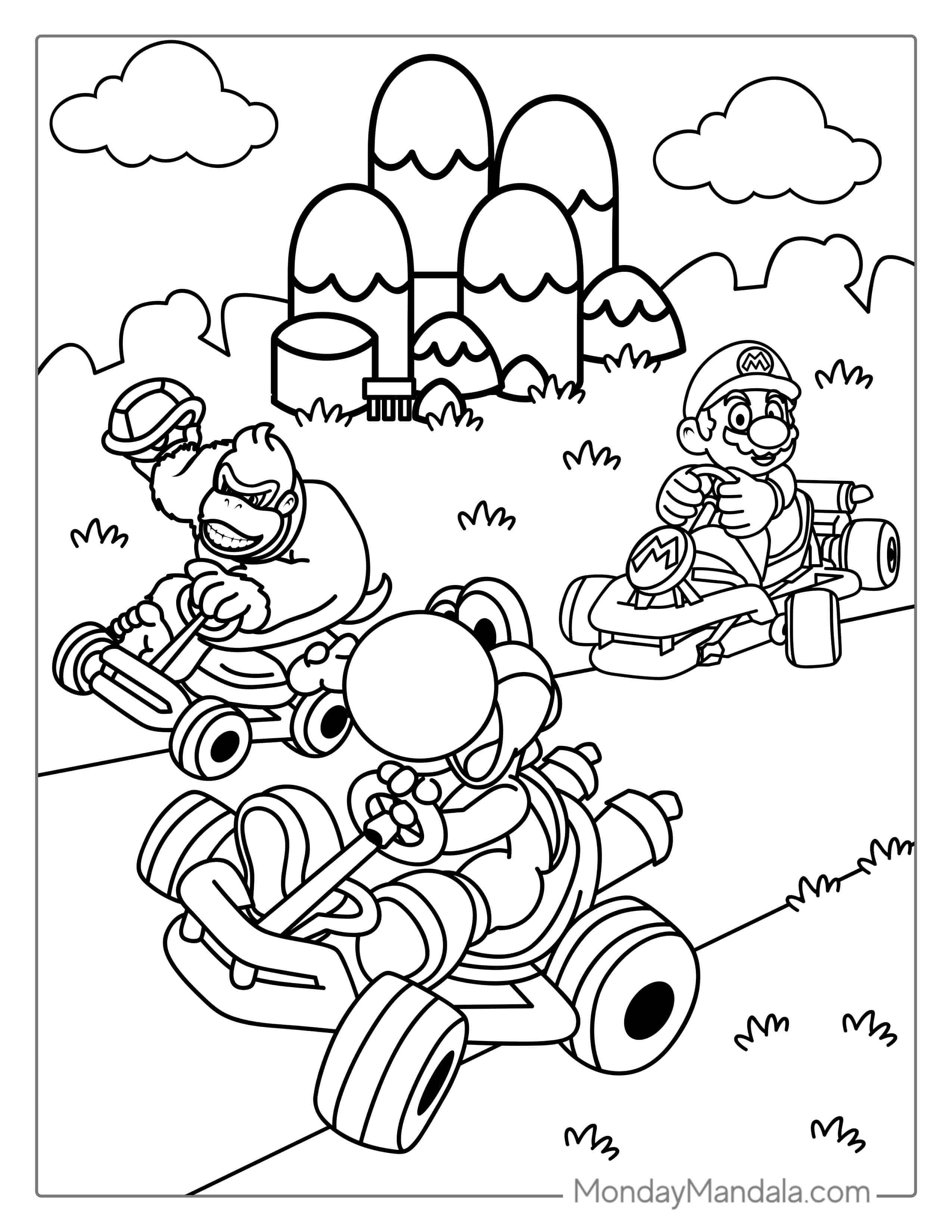Yoshi Racing With Mario And Donkey Kong Coloring coloring page — printable line art