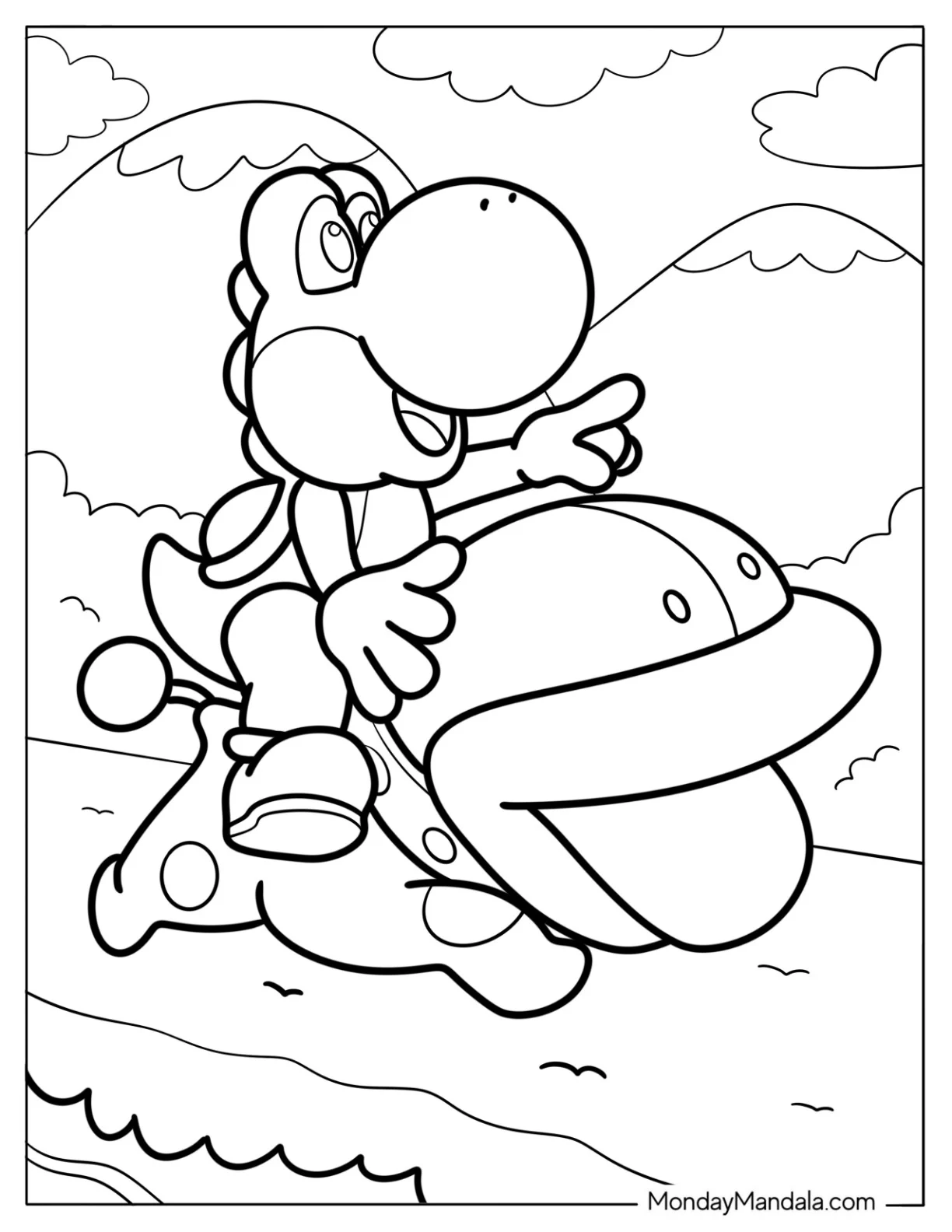 Yoshi Riding Poochy Coloring Page For Kids coloring page
